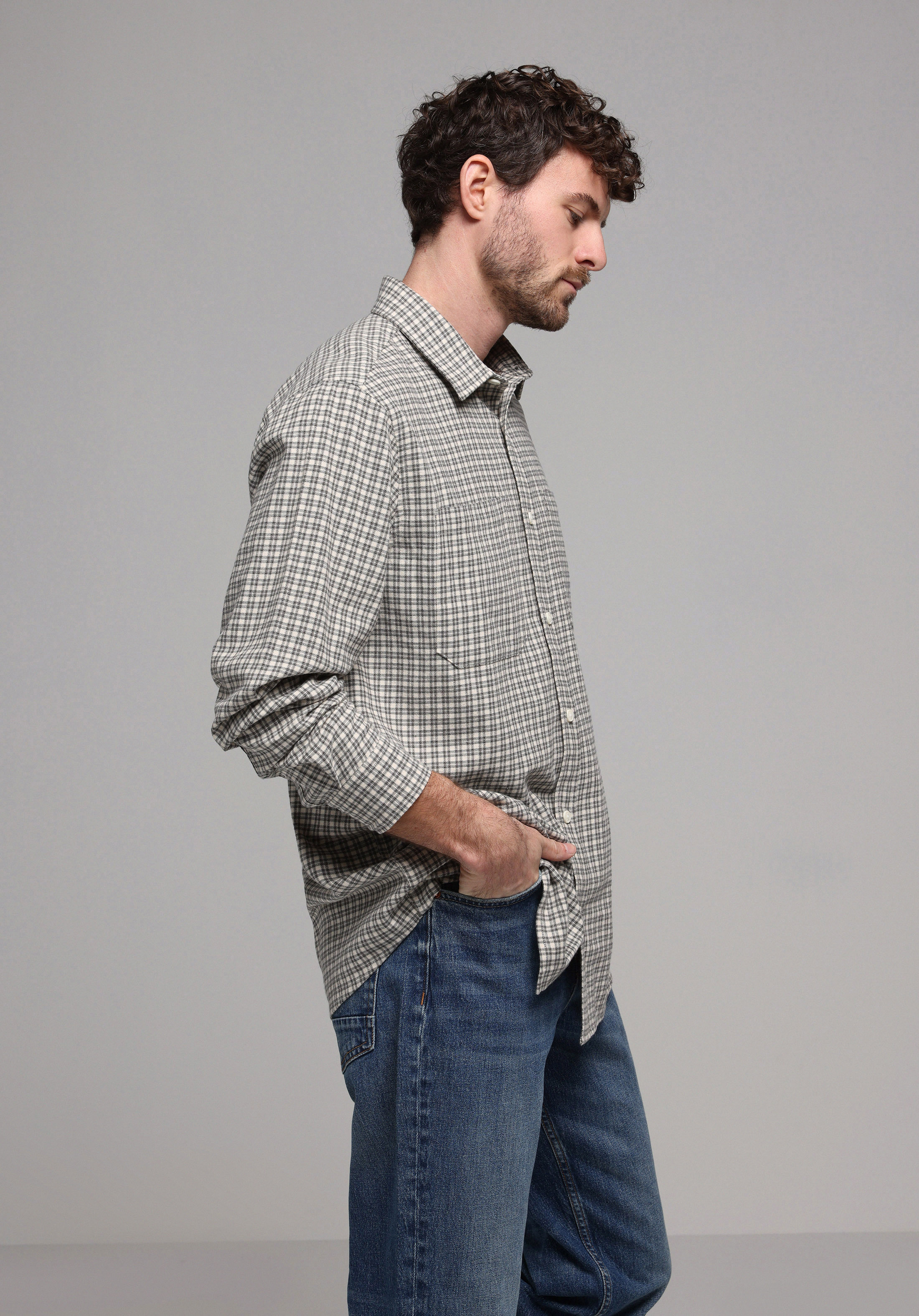 Comfort Fit Shirt Neck Ekoseli Erkek Ekru Uzun Kol Gömlek