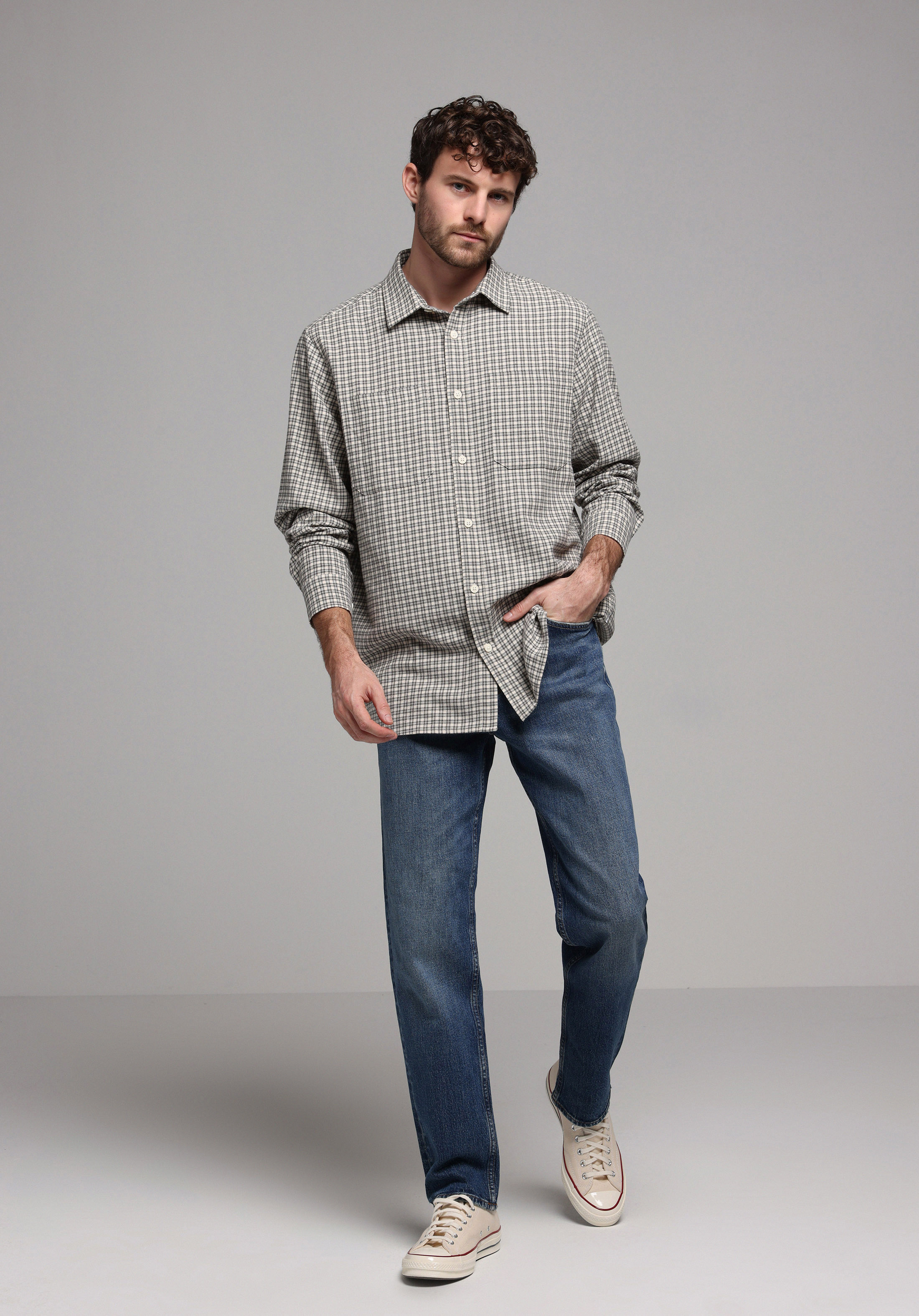 Comfort Fit Shirt Neck Ekoseli Erkek Ekru Uzun Kol Gömlek