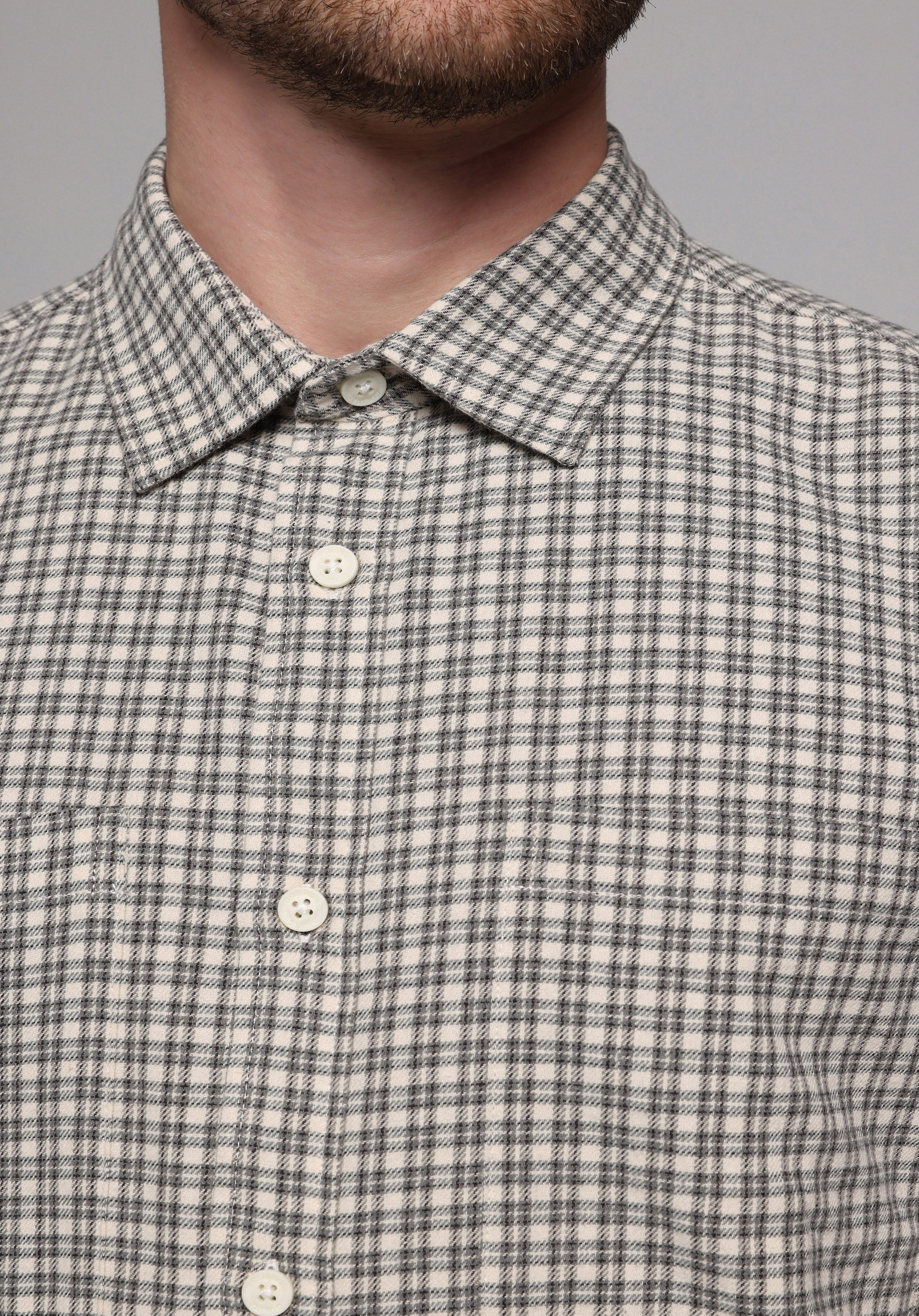 Comfort Fit Shirt Neck Ekoseli Erkek Ekru Uzun Kol Gömlek