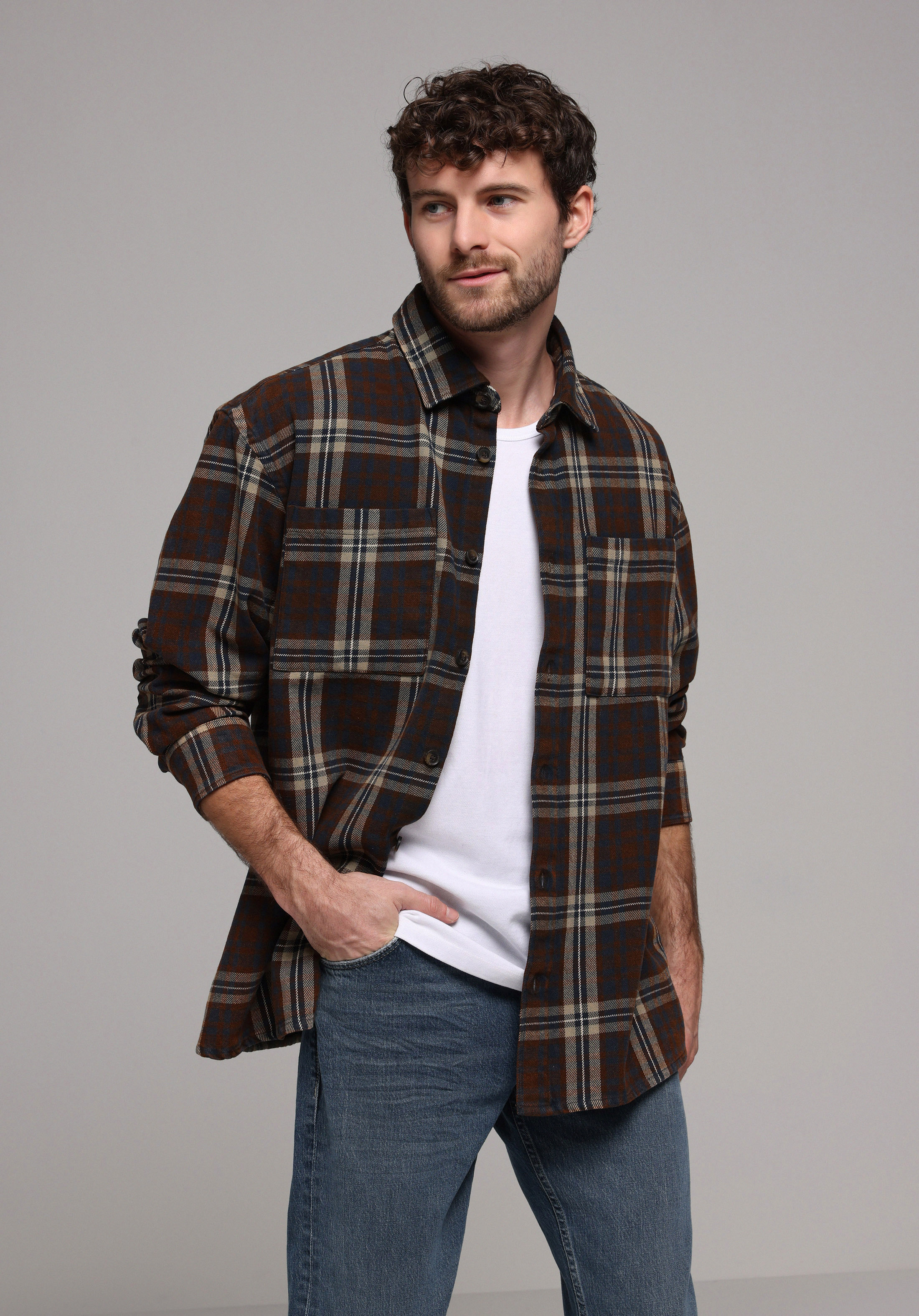 Oversize Fit Shirt Neck Ekoseli Erkek Kahverengi Uzun Kol Gömlek