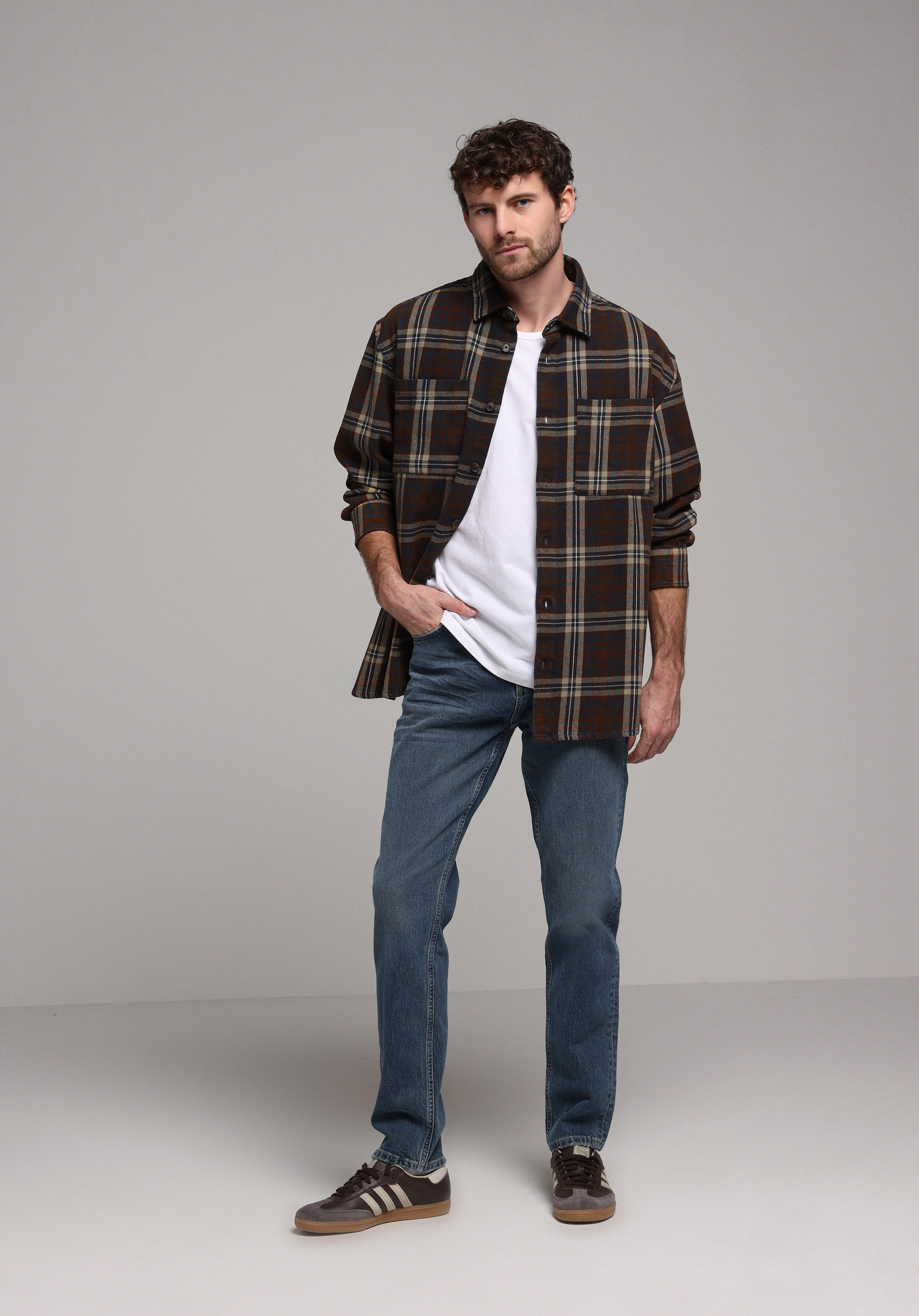 Oversize Fit Shirt Neck Ekoseli Erkek Kahverengi Uzun Kol Gömlek