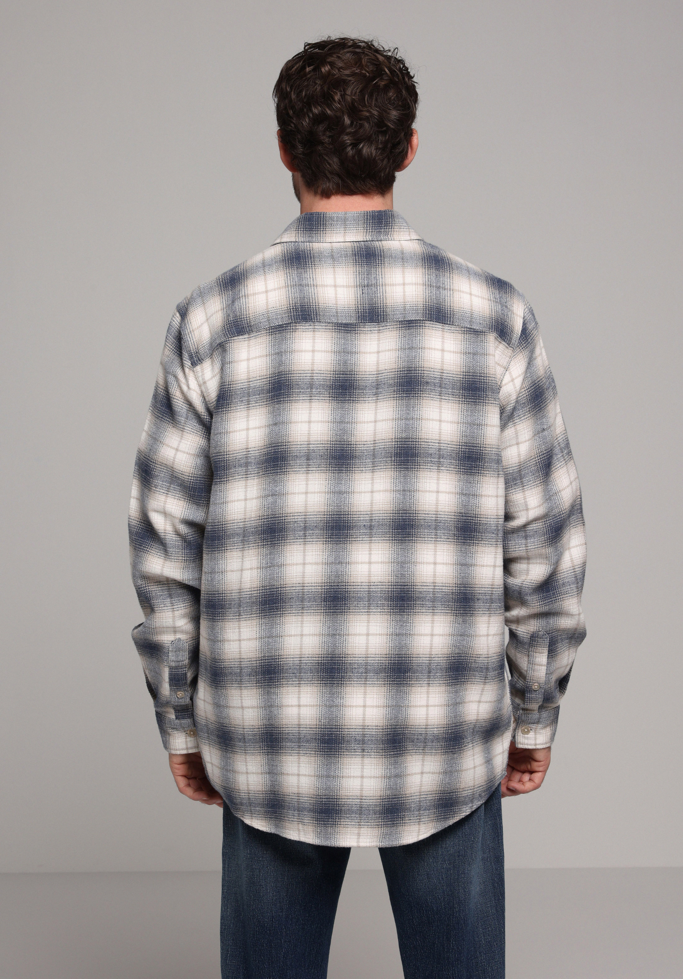 Comfort Fit Shirt Neck Ekoseli Erkek Mavi Uzun Kol Gömlek