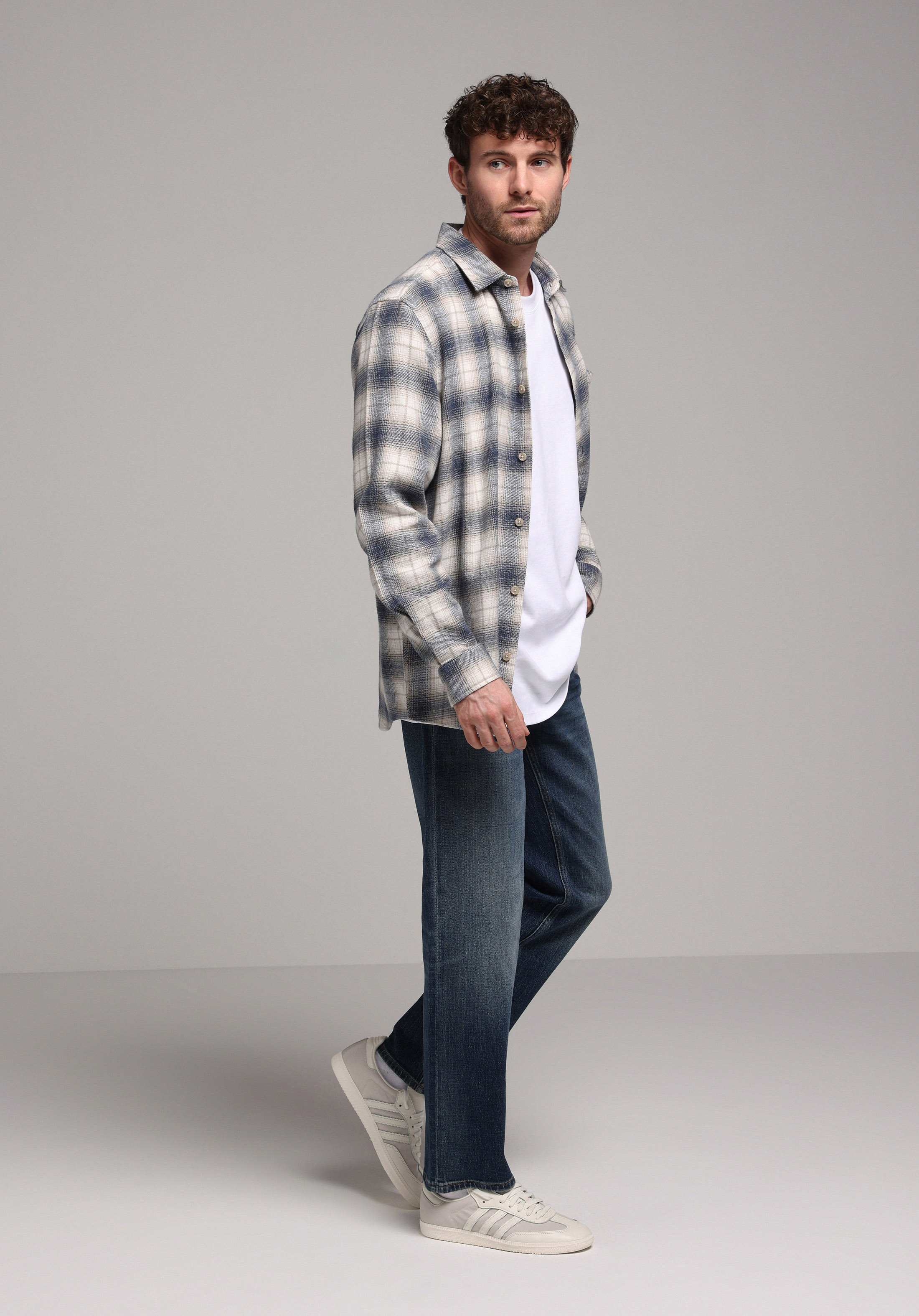 Comfort Fit Shirt Neck Ekoseli Erkek Mavi Uzun Kol Gömlek