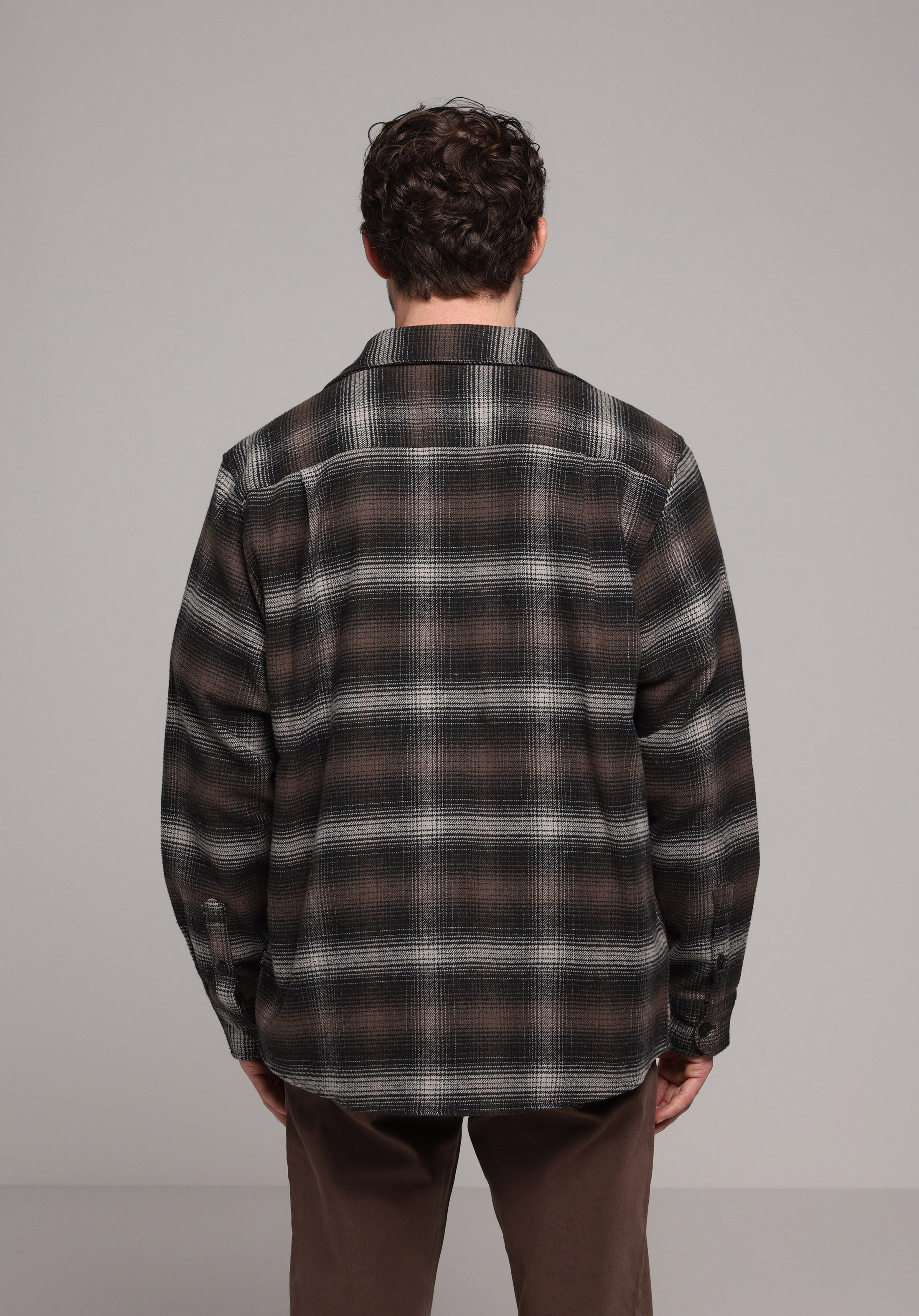 Comfort Fit Shirt Neck Ekoseli Erkek Kahverengi Uzun Kol Gömlek