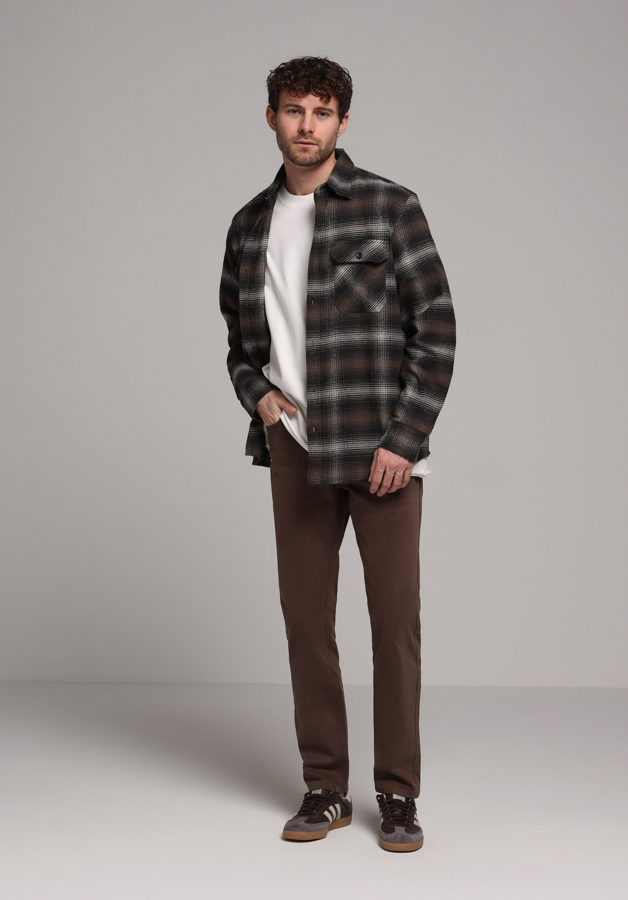 Comfort Fit Shirt Neck Ekoseli Erkek Kahverengi Uzun Kol Gömlek