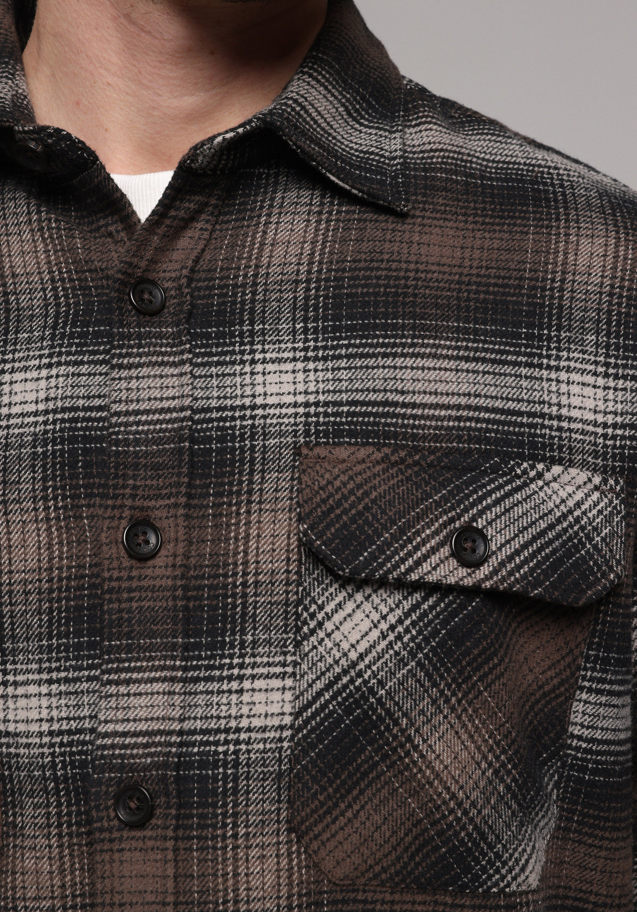 Comfort Fit Shirt Neck Ekoseli Erkek Kahverengi Uzun Kol Gömlek