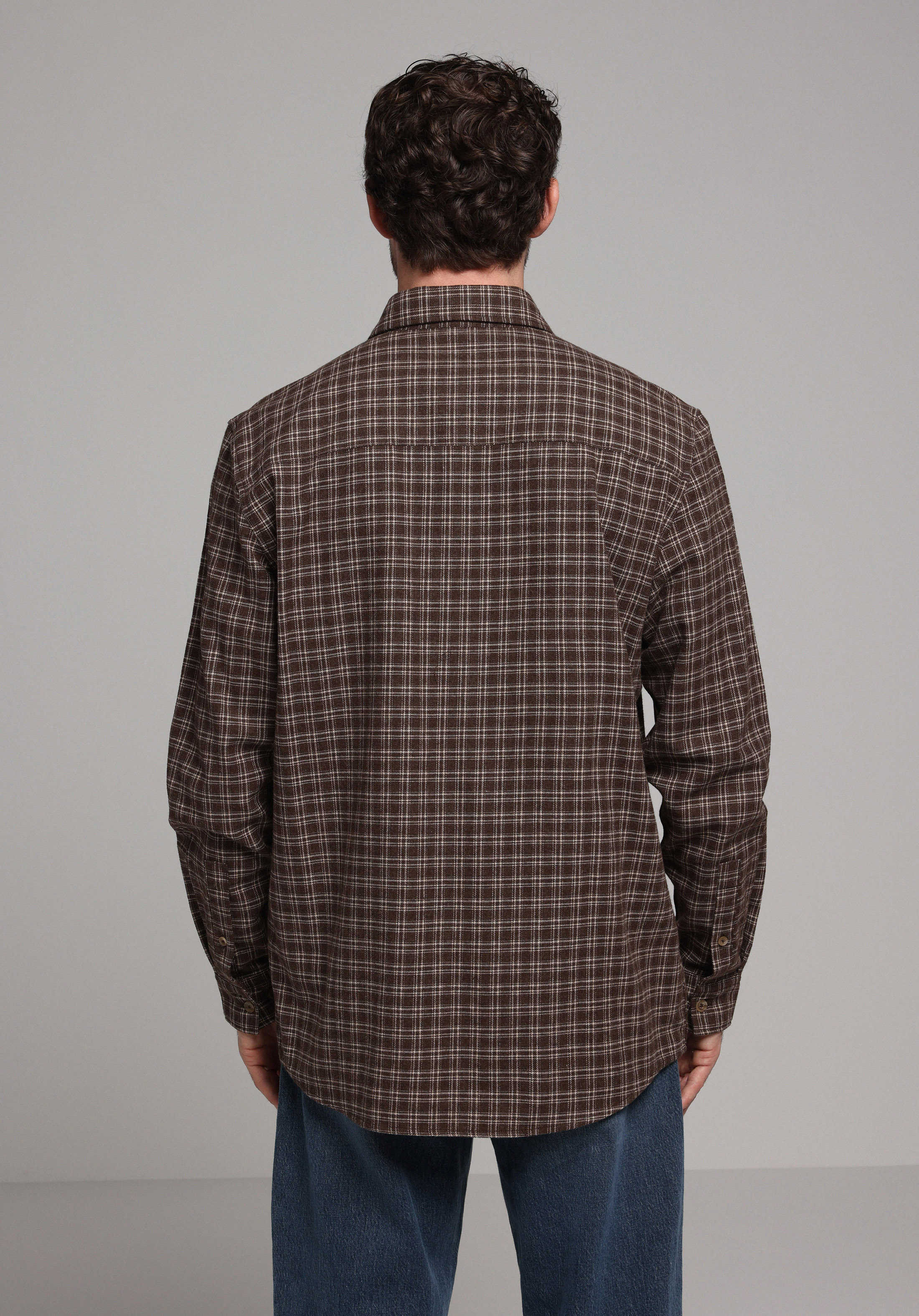 Comfort Fit Shirt Neck Ekoseli Erkek Kahverengi Uzun Kol Gömlek