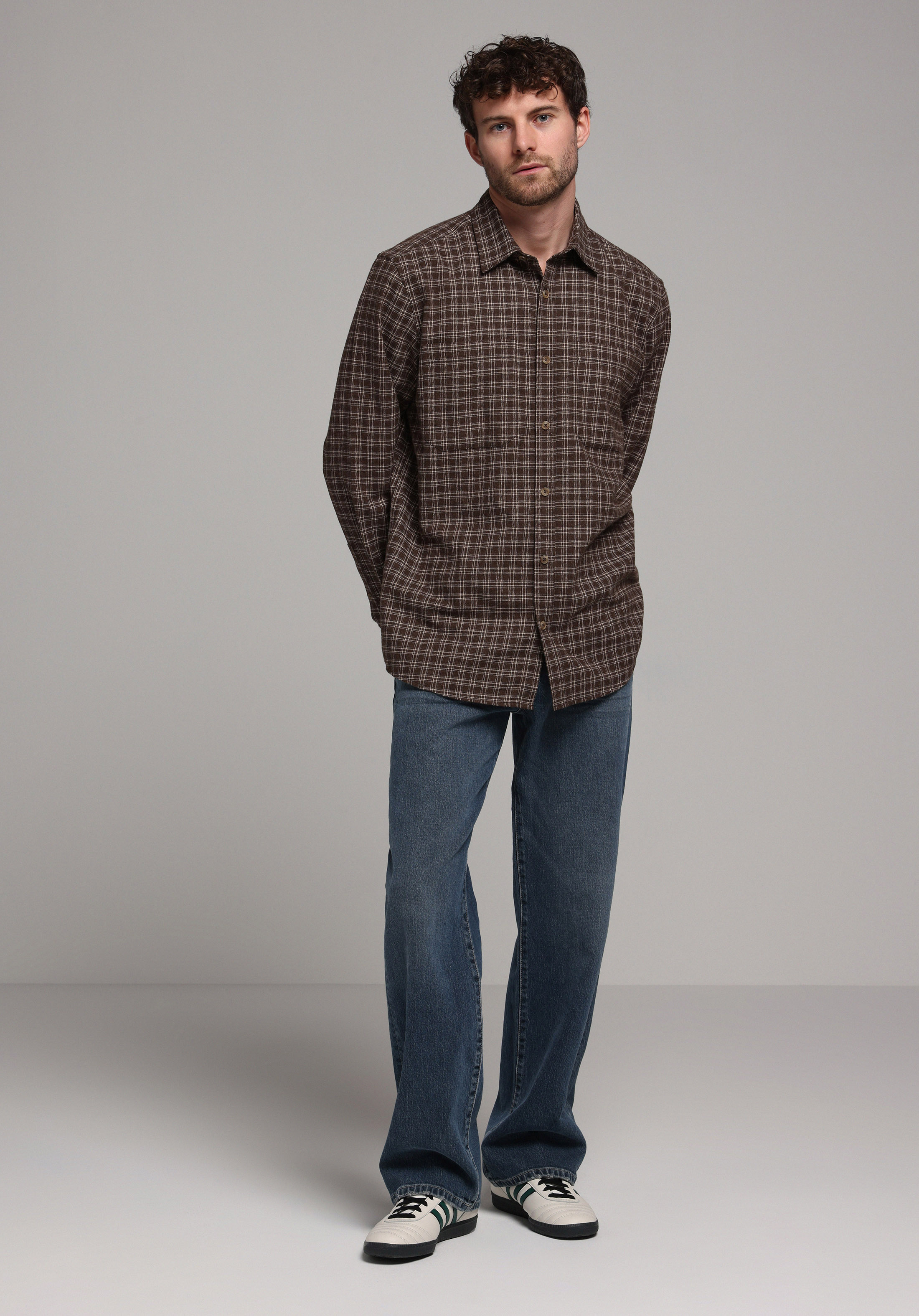 Comfort Fit Shirt Neck Ekoseli Erkek Kahverengi Uzun Kol Gömlek