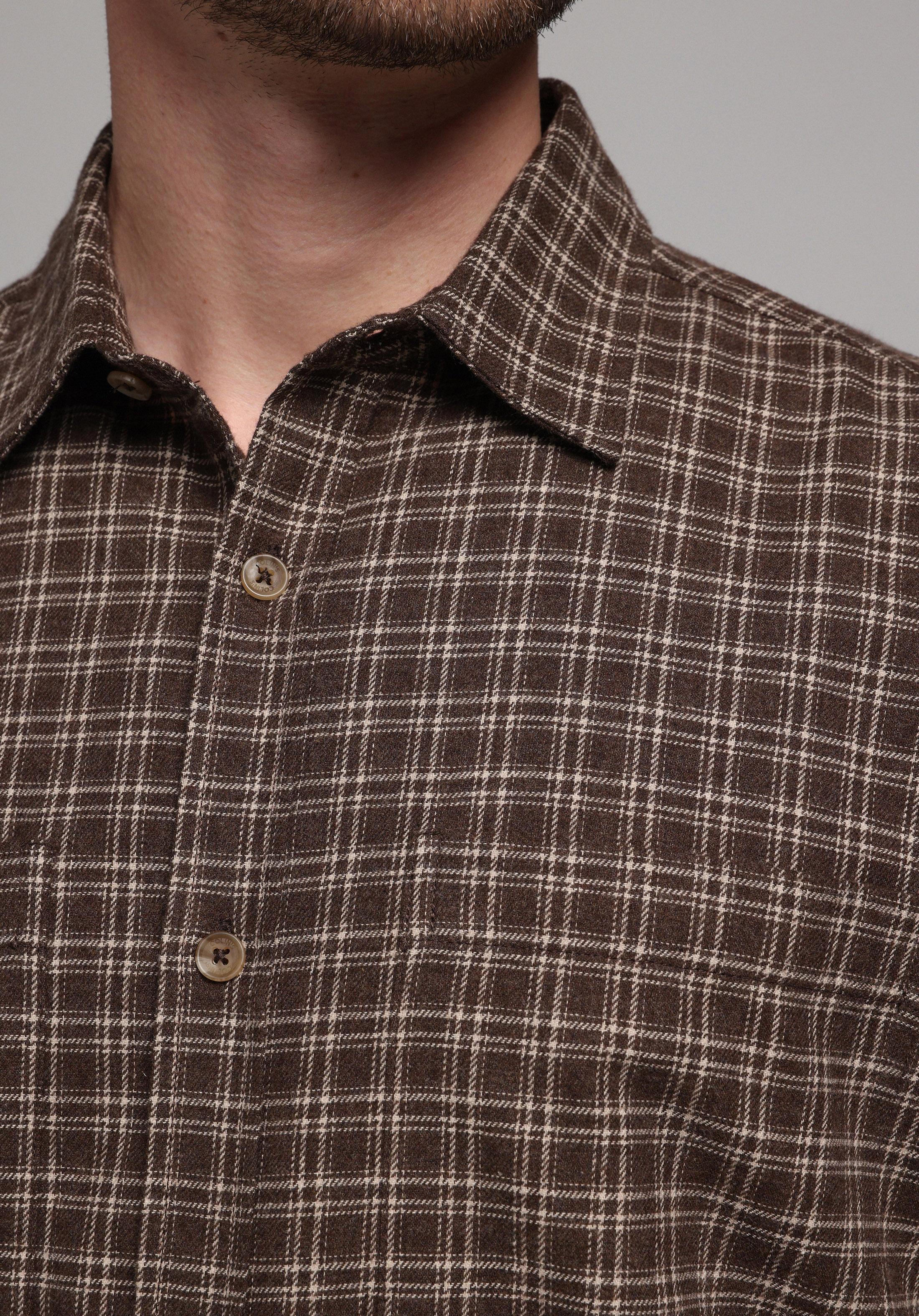 Comfort Fit Shirt Neck Ekoseli Erkek Kahverengi Uzun Kol Gömlek