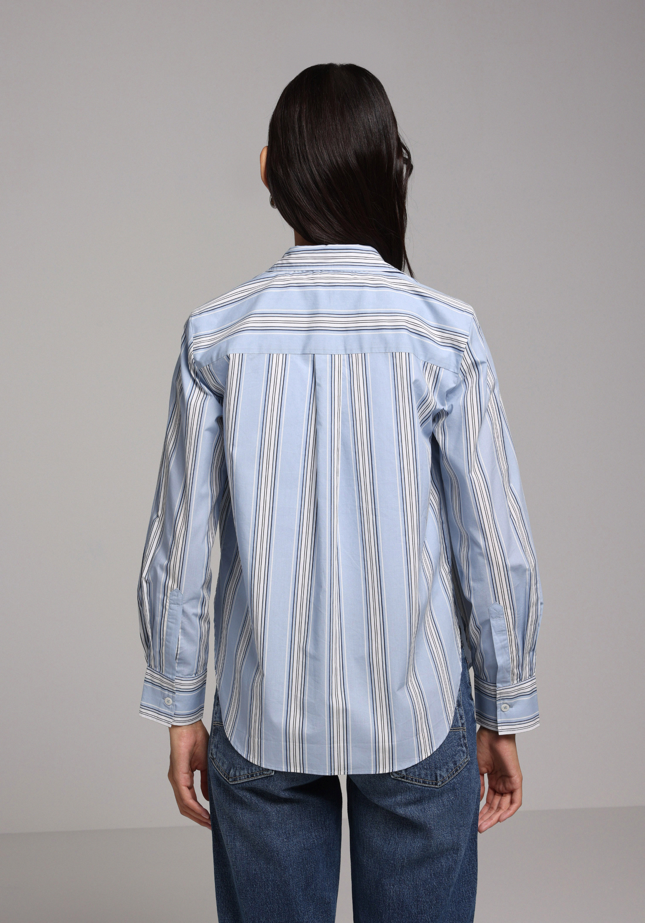 Regular Fit Shirt Neck Çizgili Kadın Mavi Uzun Kol Gömlek