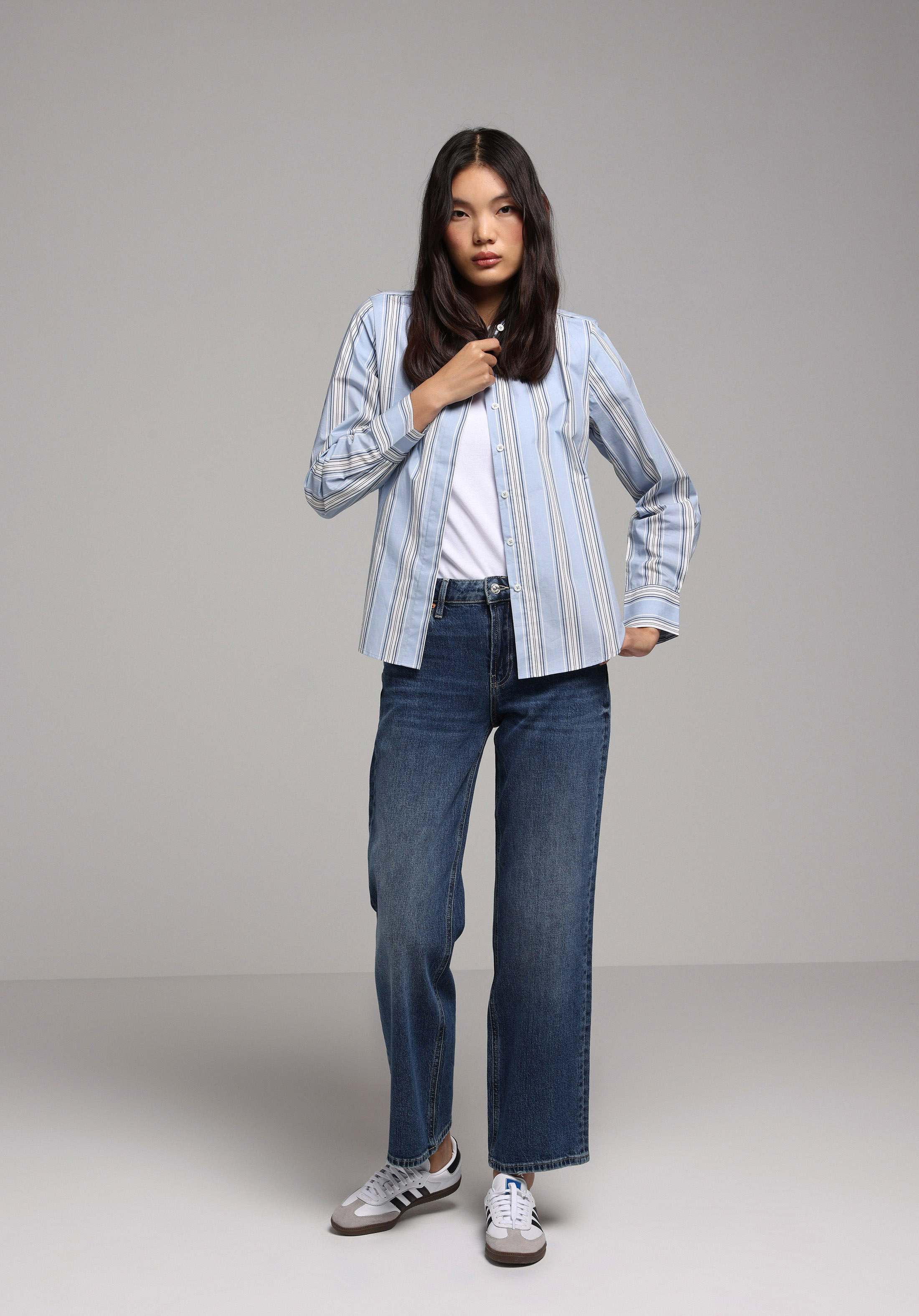 Regular Fit Shirt Neck Çizgili Kadın Mavi Uzun Kol Gömlek