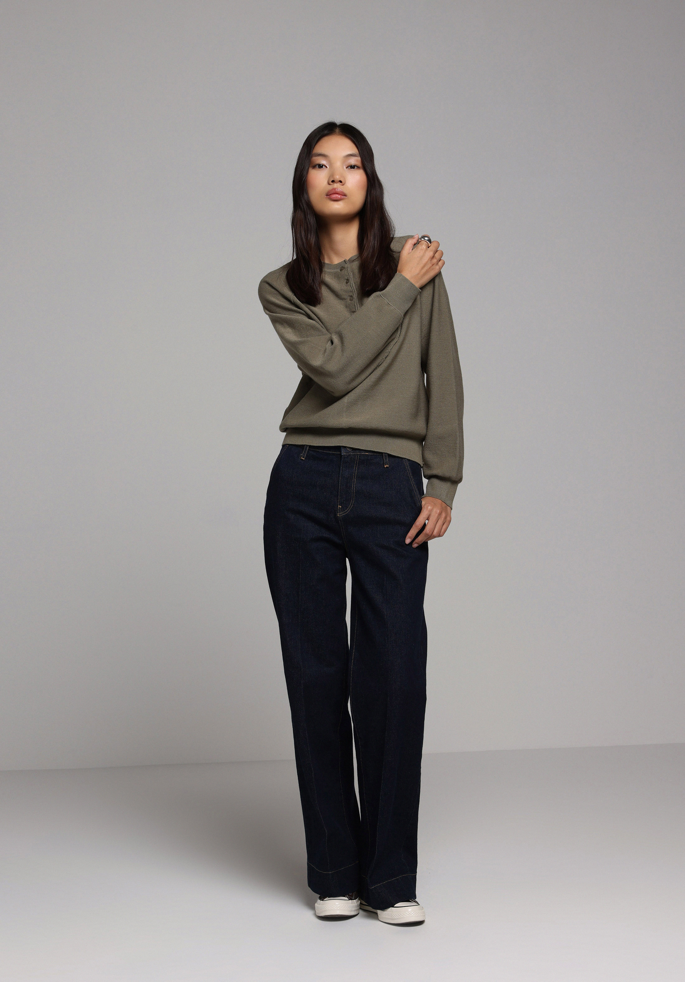 Regular Fit Düğmeli Yaka Düz Kadın Yeşil Kazak