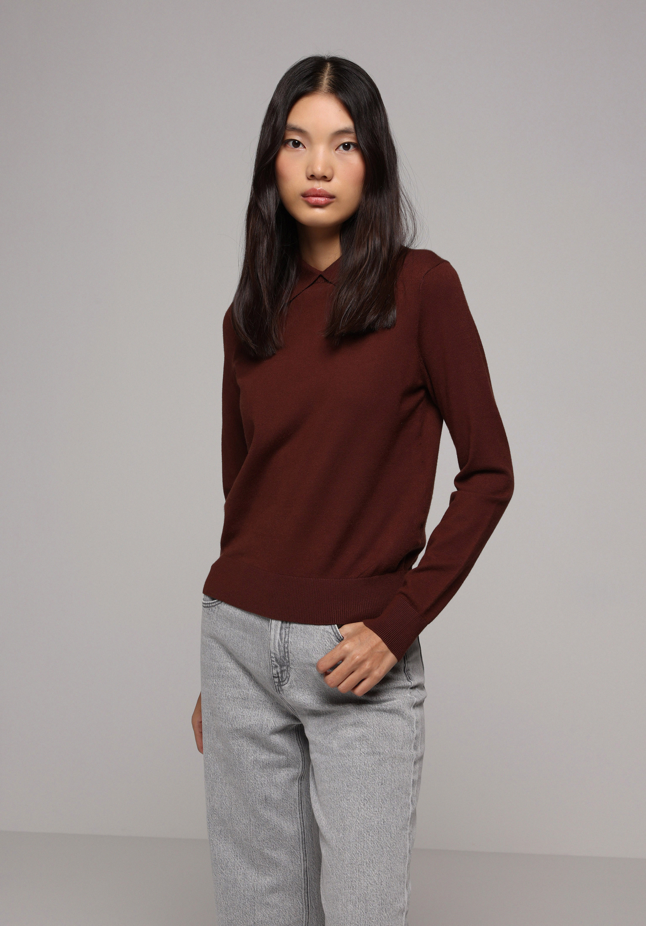 Regular Fit Polo Yaka Düz Kadın Kahverengi Kazak