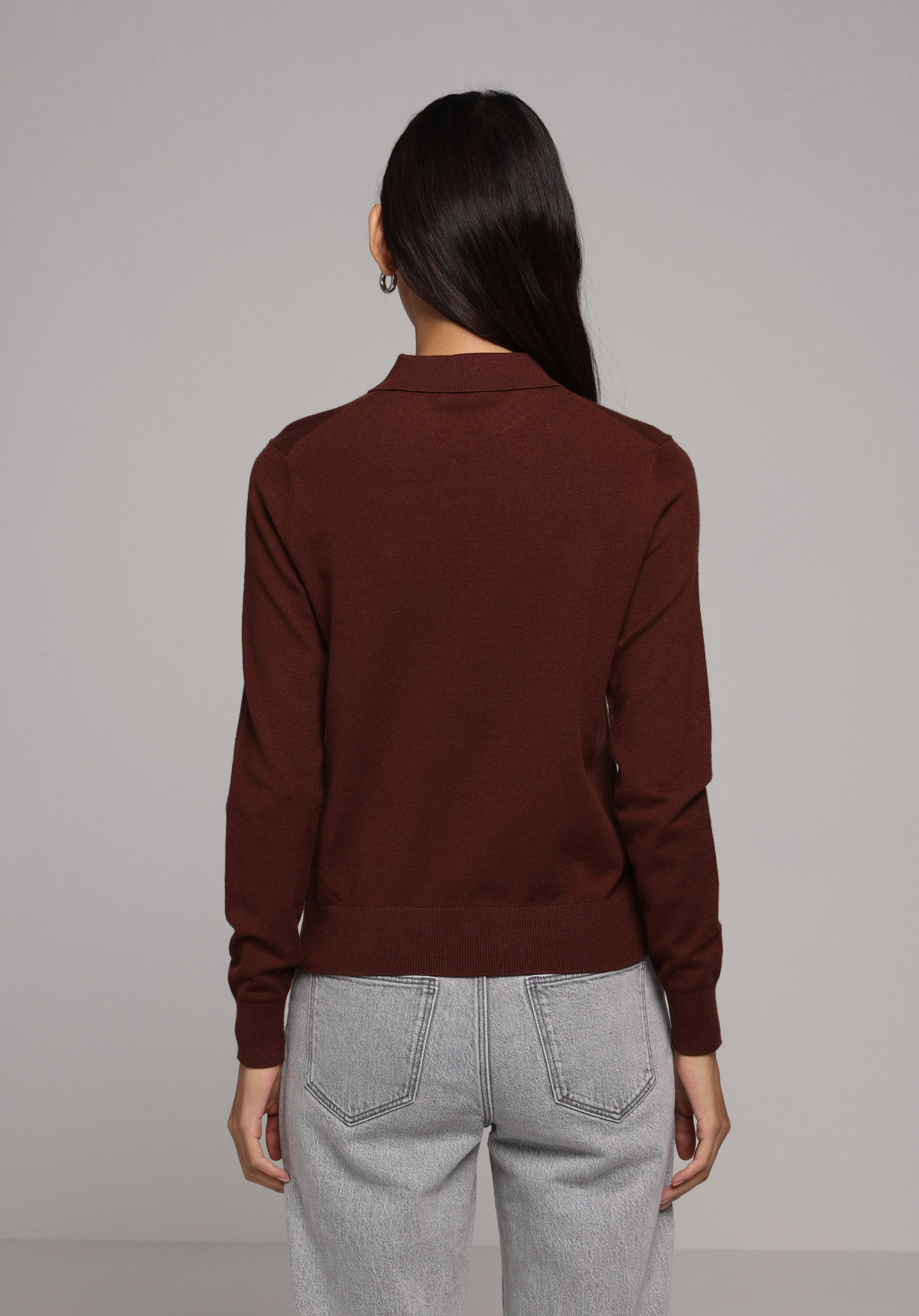 Regular Fit Polo Yaka Düz Kadın Kahverengi Kazak