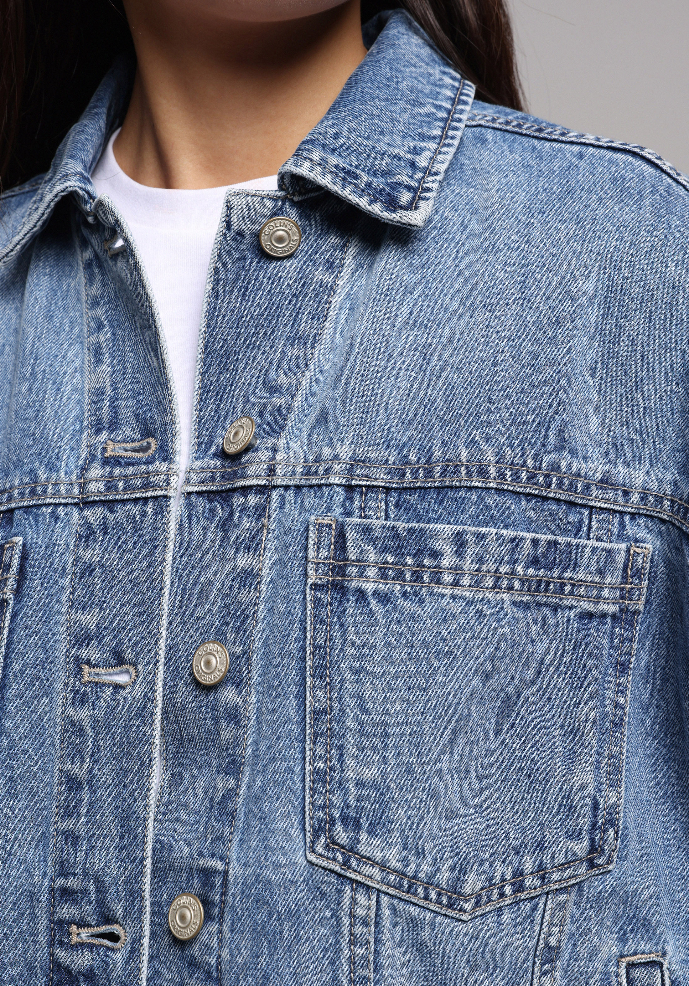 Oversize Fit Düğmeli Astarsız  Kadın Light İndigo Denim Ceket
