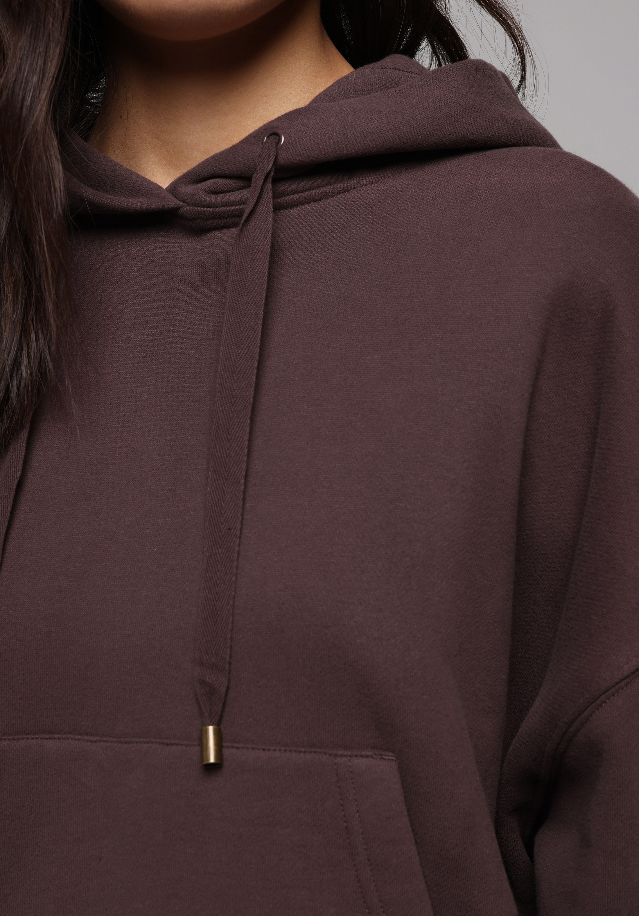 Relax Fit Kapüşonlu Düz Kadın Kahverengi Sweatshirt