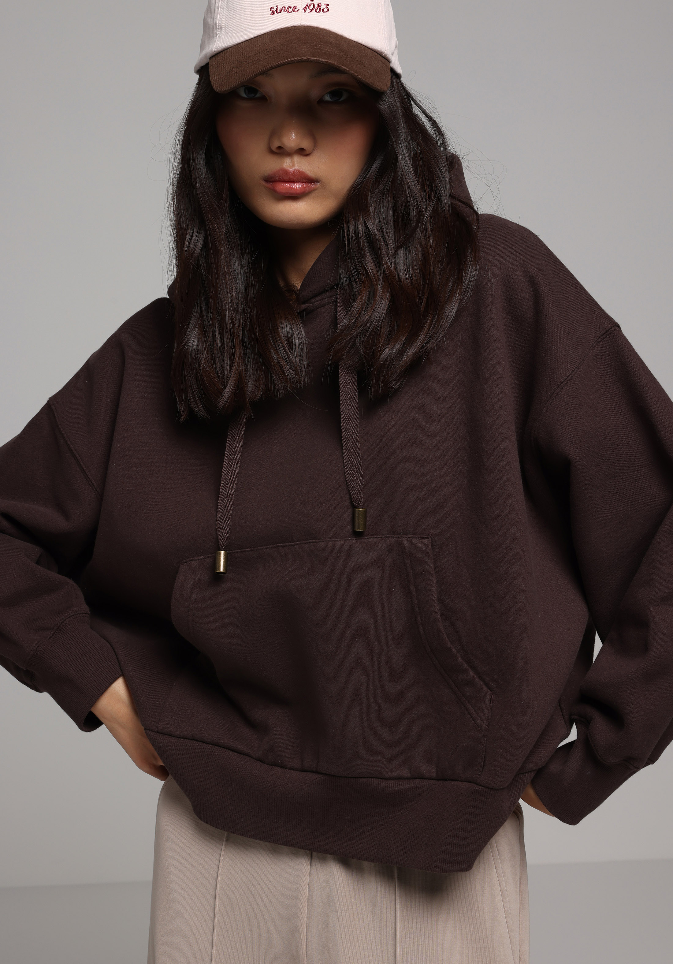 Relax Fit Kapüşonlu Düz Kadın Kahverengi Sweatshirt