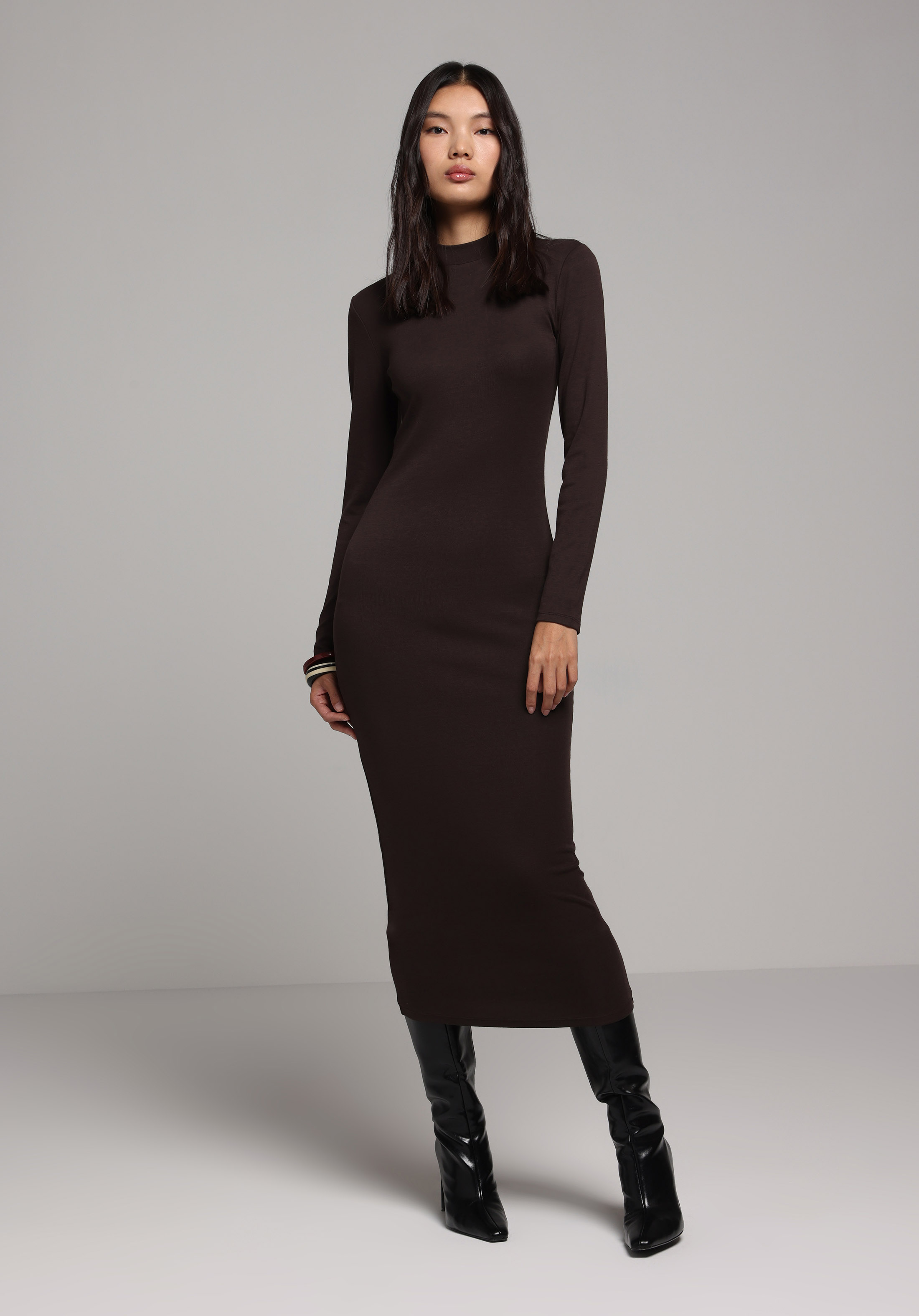 Slim Fit Düz Kadın Kahverengi Uzun Kol Elbise