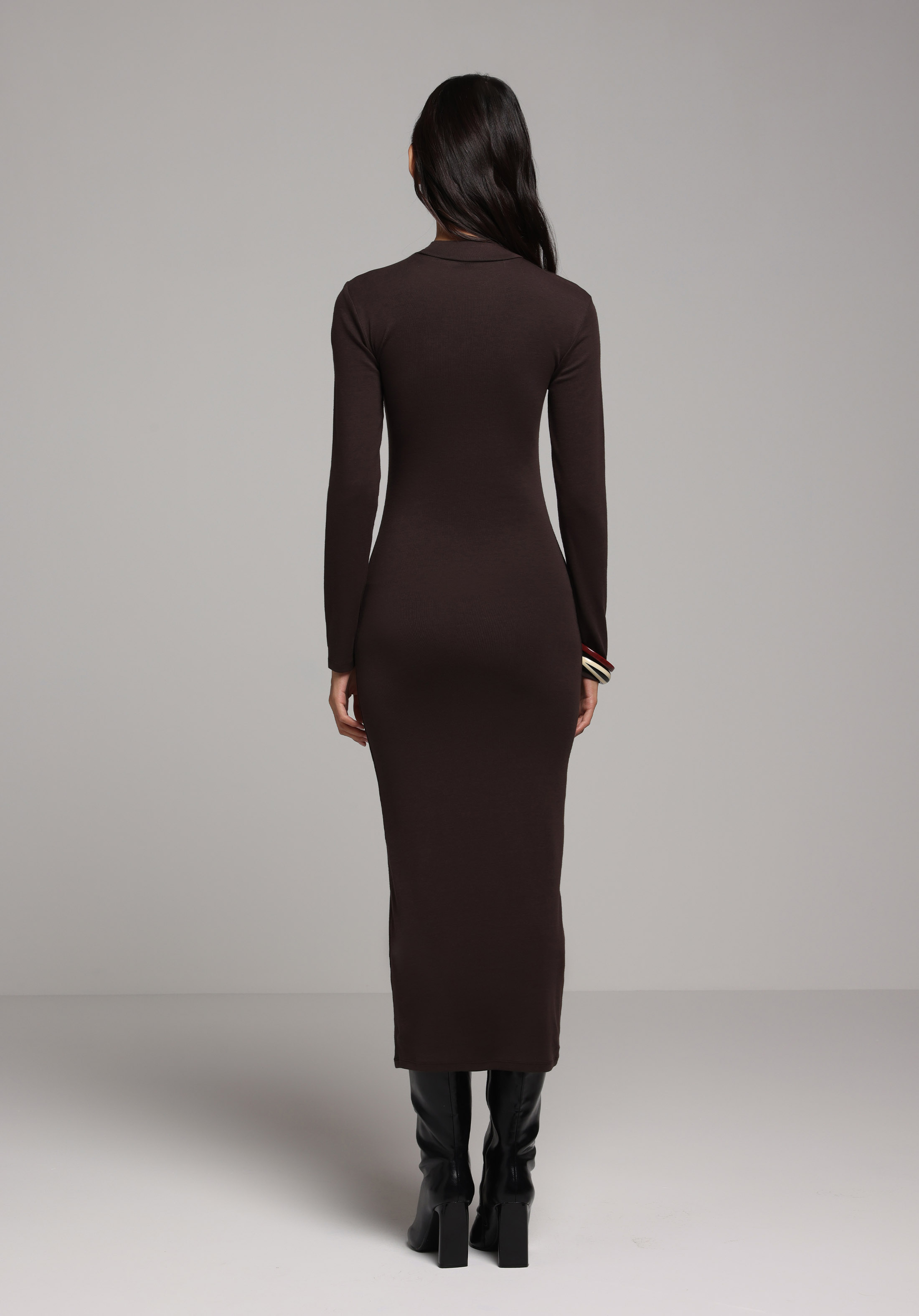 Slim Fit Düz Kadın Kahverengi Uzun Kol Elbise