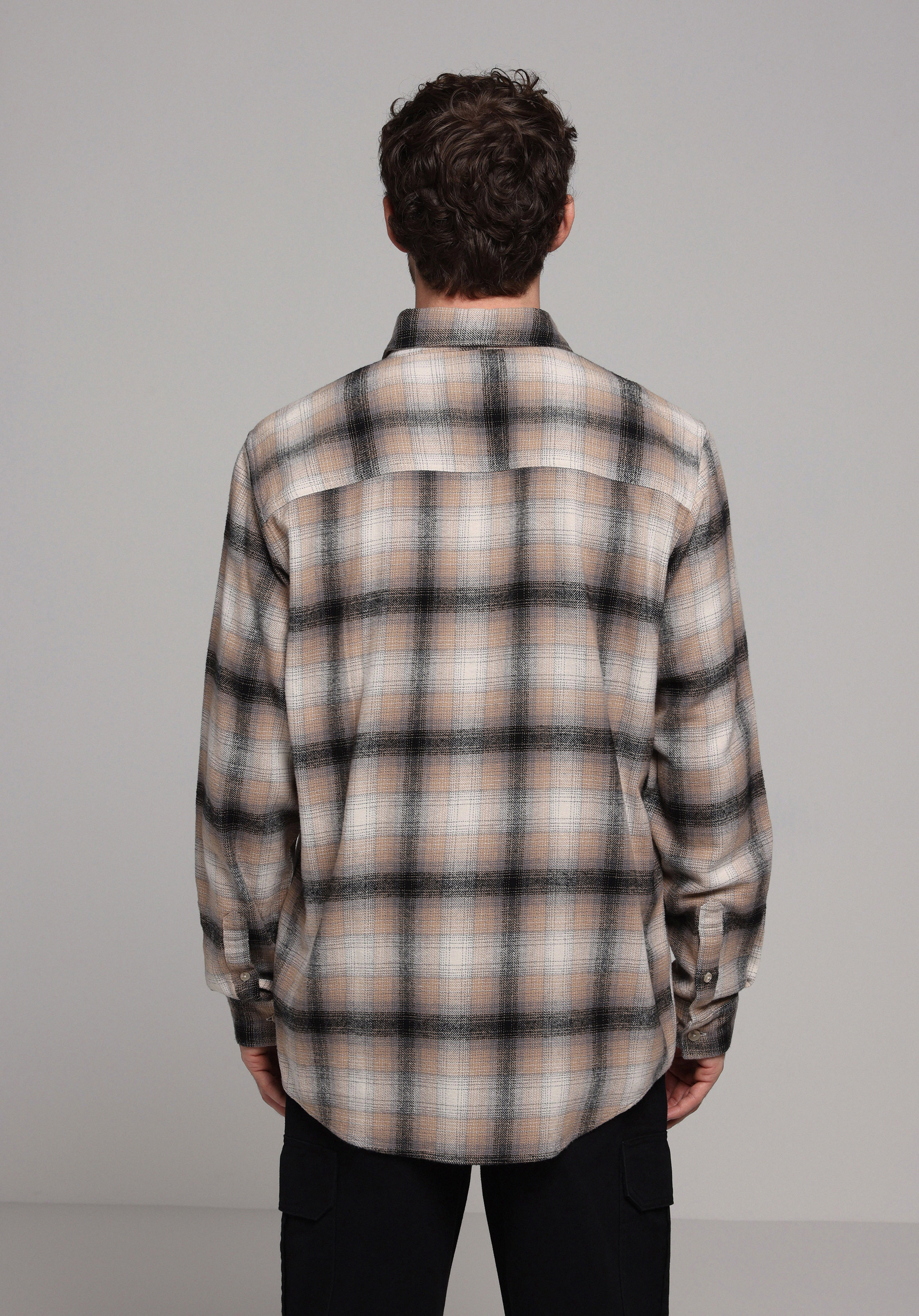 Comfort Fit Shirt Neck Ekoseli Erkek Bej Uzun Kol Gömlek