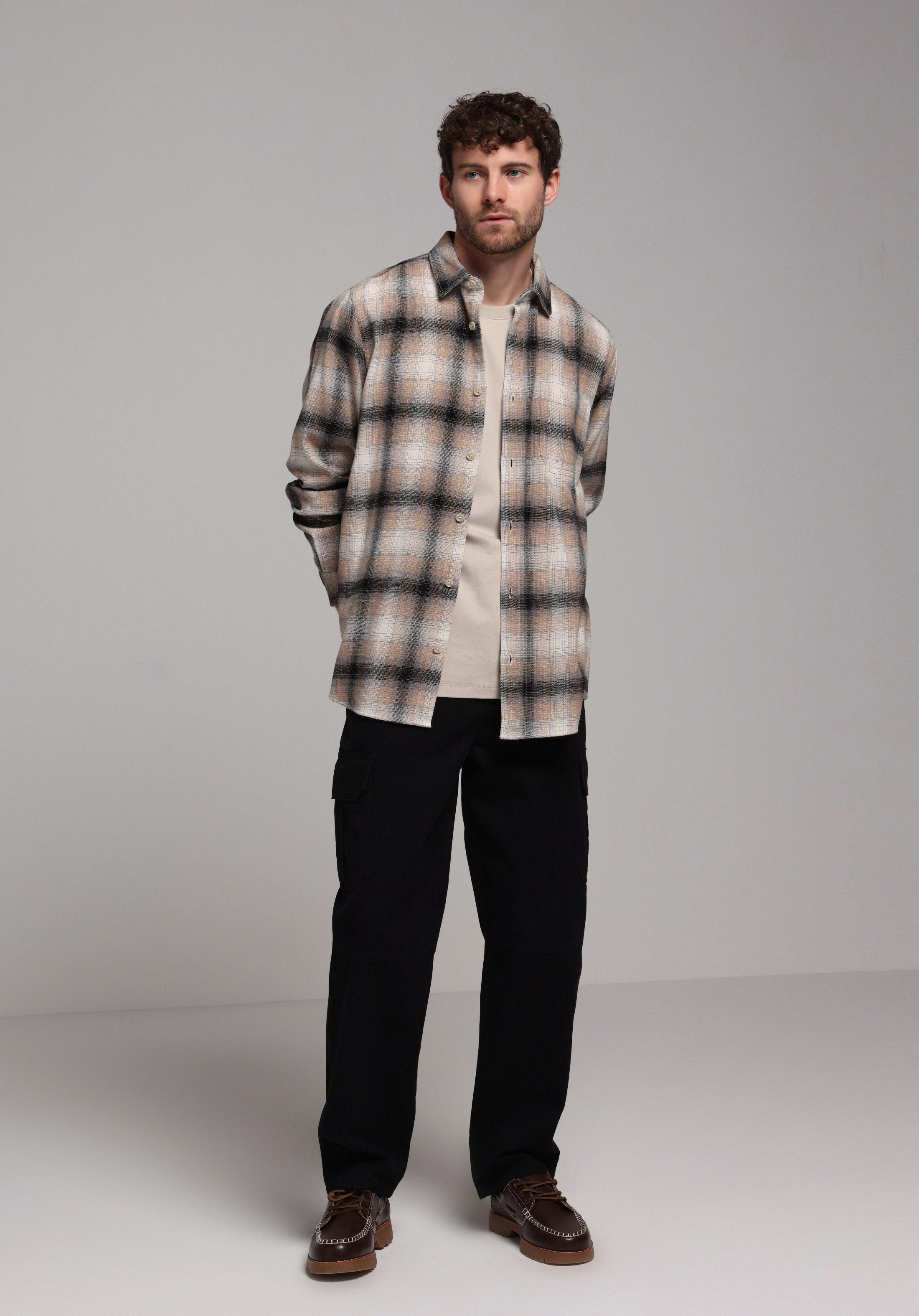 Comfort Fit Shirt Neck Ekoseli Erkek Bej Uzun Kol Gömlek