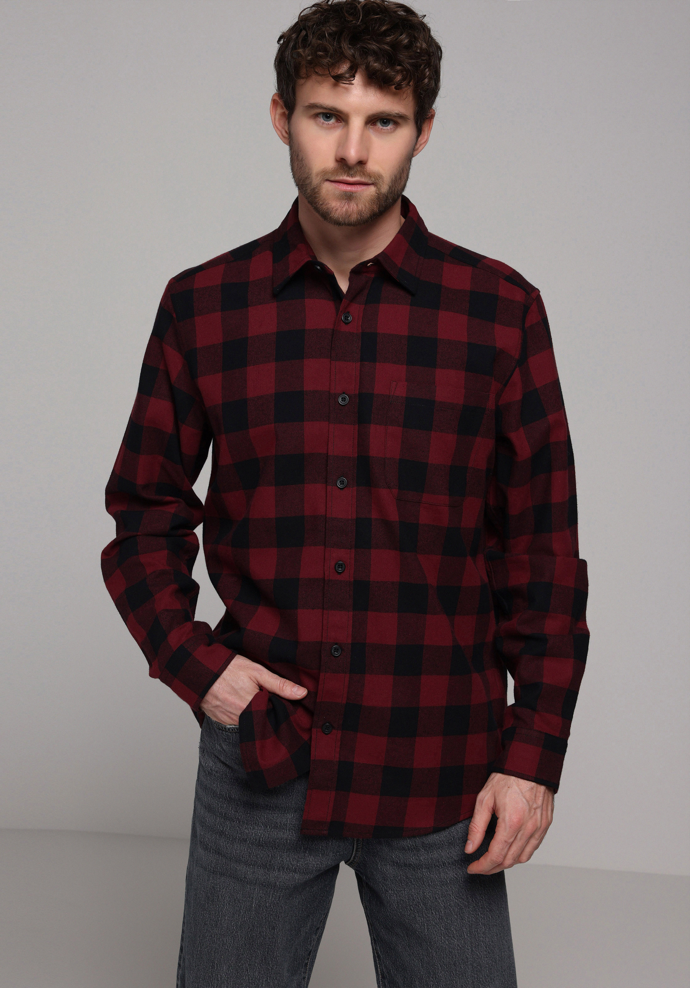 Regular Fit Shirt Neck Kareli Erkek Bordo Uzun Kol Gömlek
