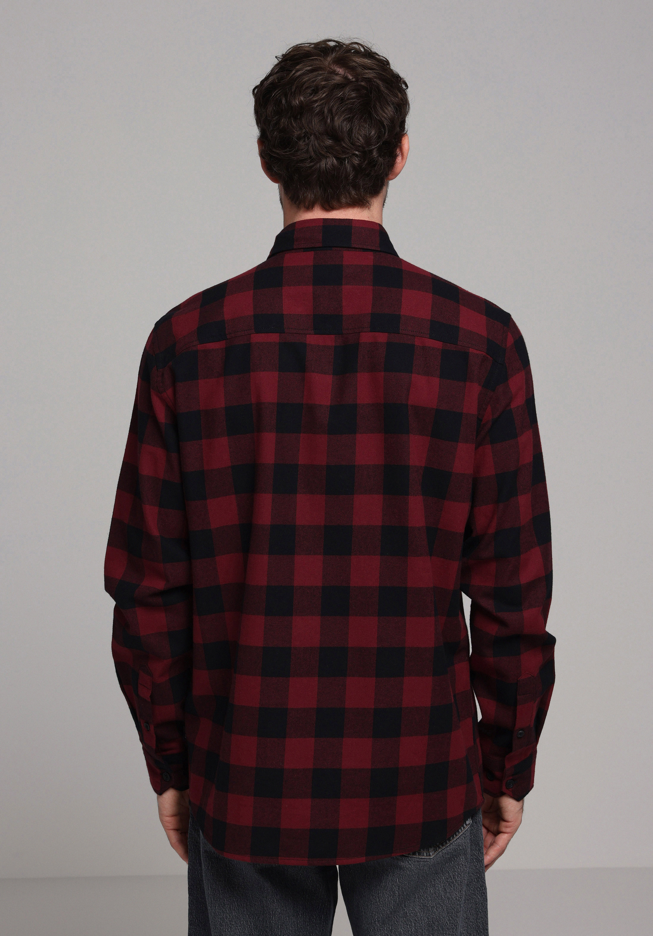 Regular Fit Shirt Neck Kareli Erkek Bordo Uzun Kol Gömlek