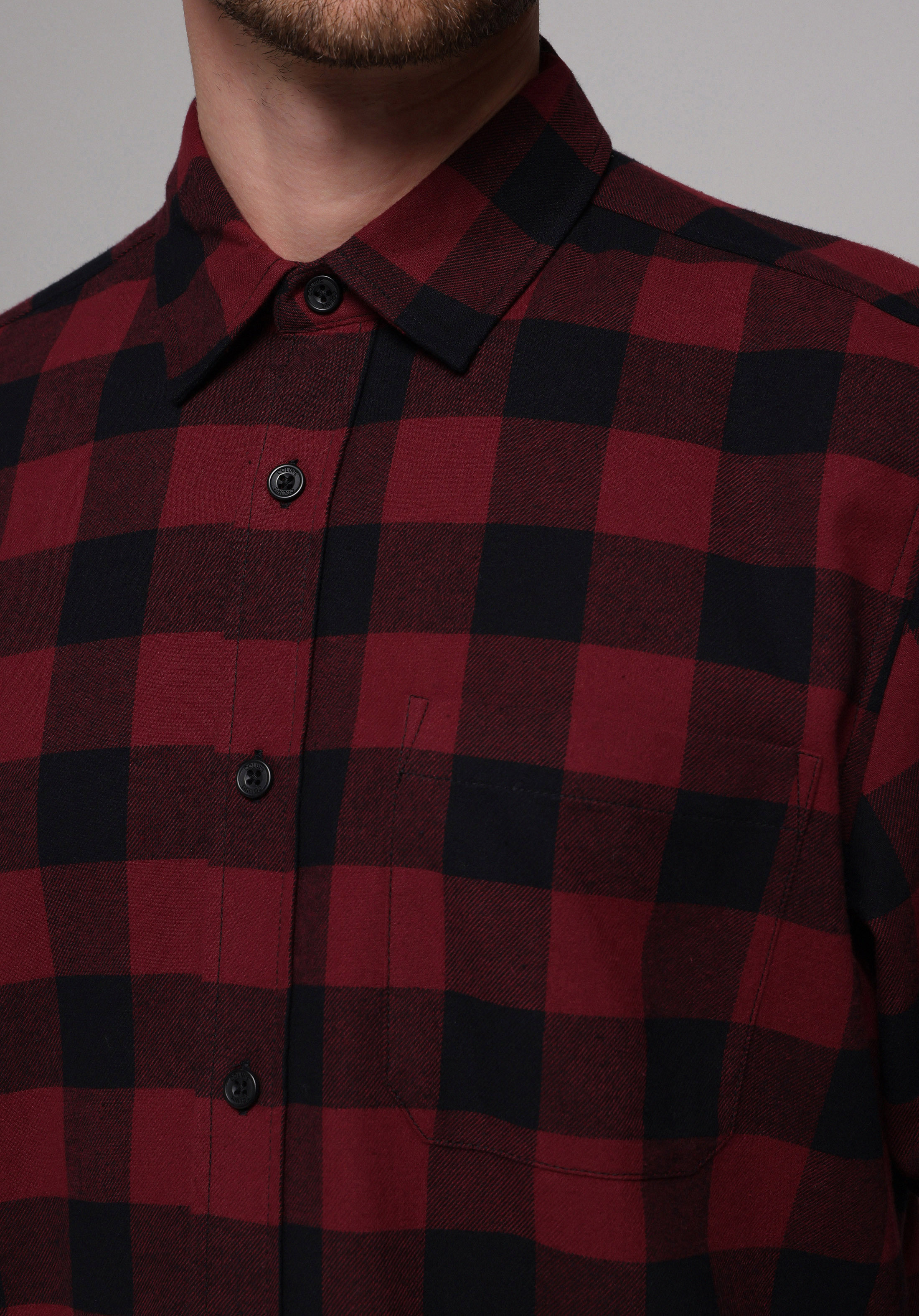 Regular Fit Shirt Neck Kareli Erkek Bordo Uzun Kol Gömlek