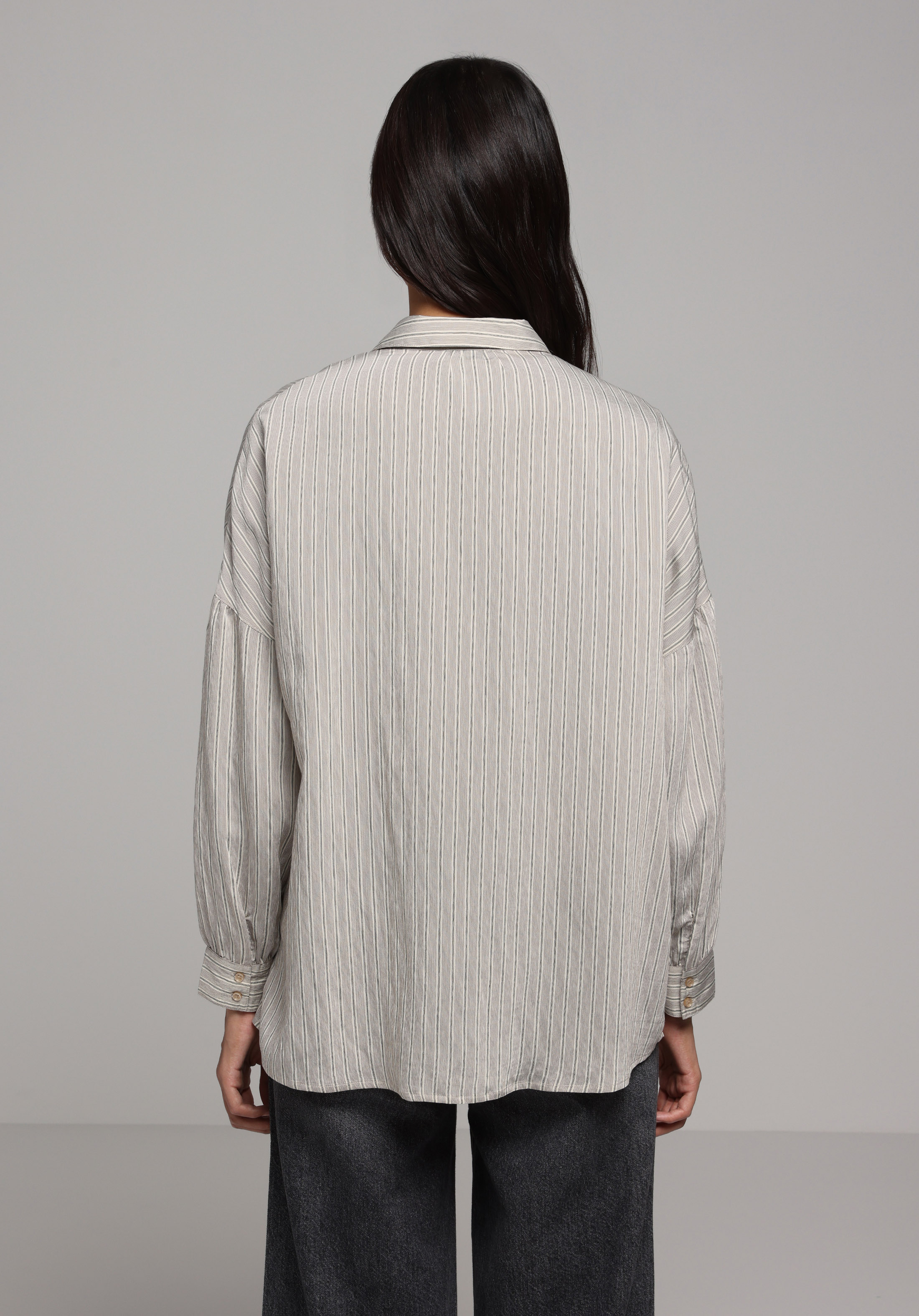 Fashion Fit Shirt Neck Çizgili Kadın Bej Uzun Kol Gömlek