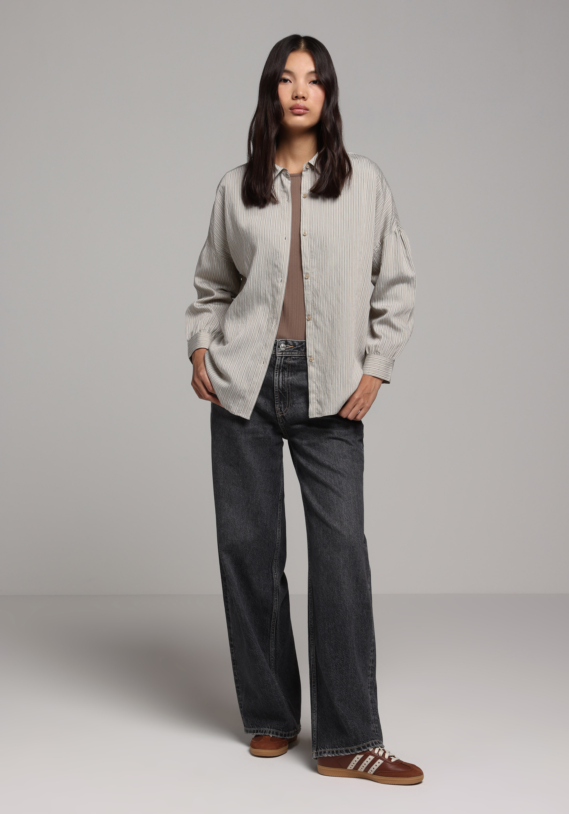 Fashion Fit Shirt Neck Çizgili Kadın Bej Uzun Kol Gömlek