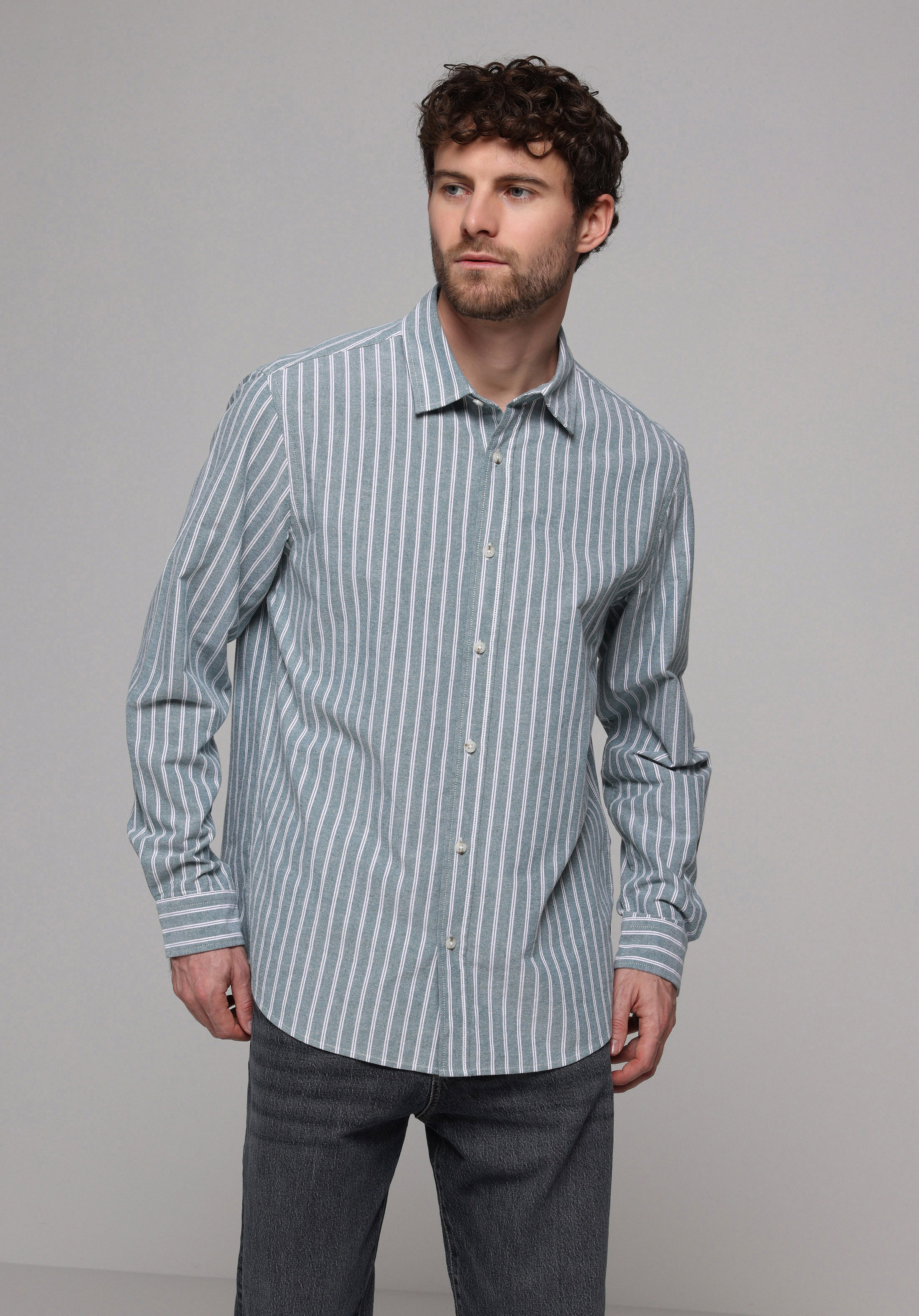 Regular Fit Shirt Neck Çizgili Erkek Yeşil Uzun Kol Gömlek