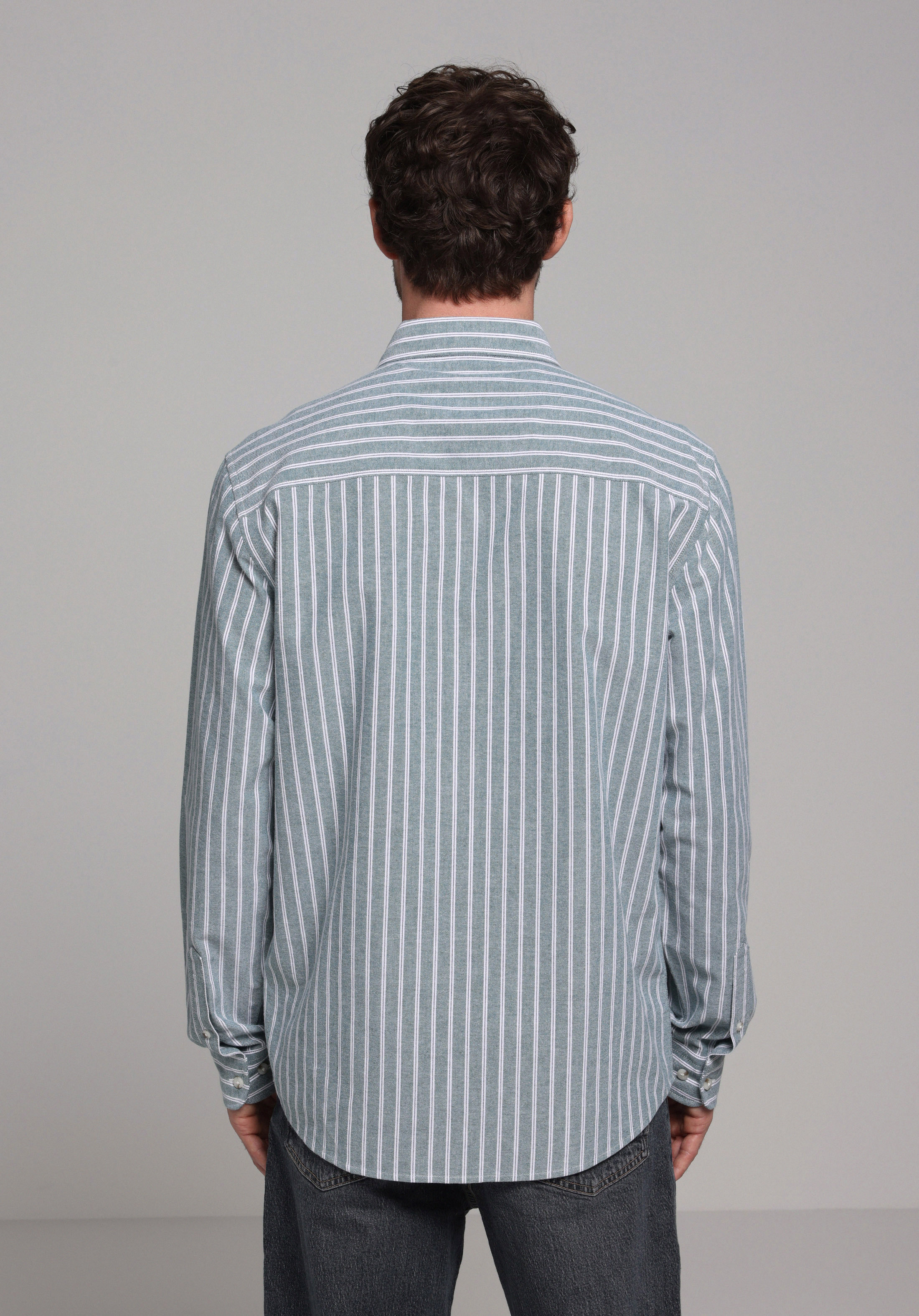 Regular Fit Shirt Neck Çizgili Erkek Yeşil Uzun Kol Gömlek