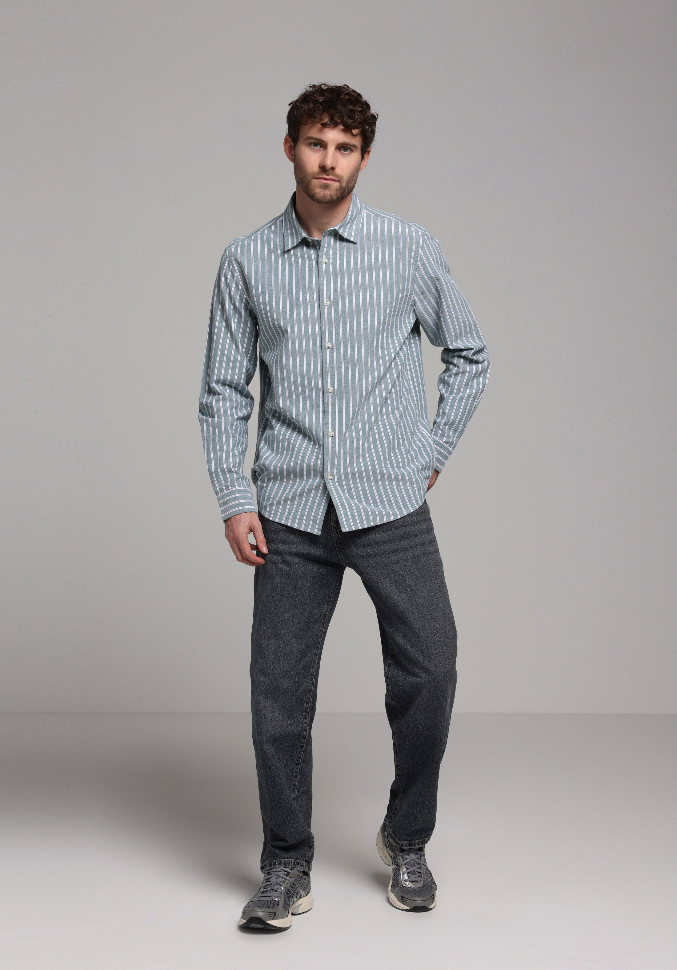 Regular Fit Shirt Neck Çizgili Erkek Yeşil Uzun Kol Gömlek