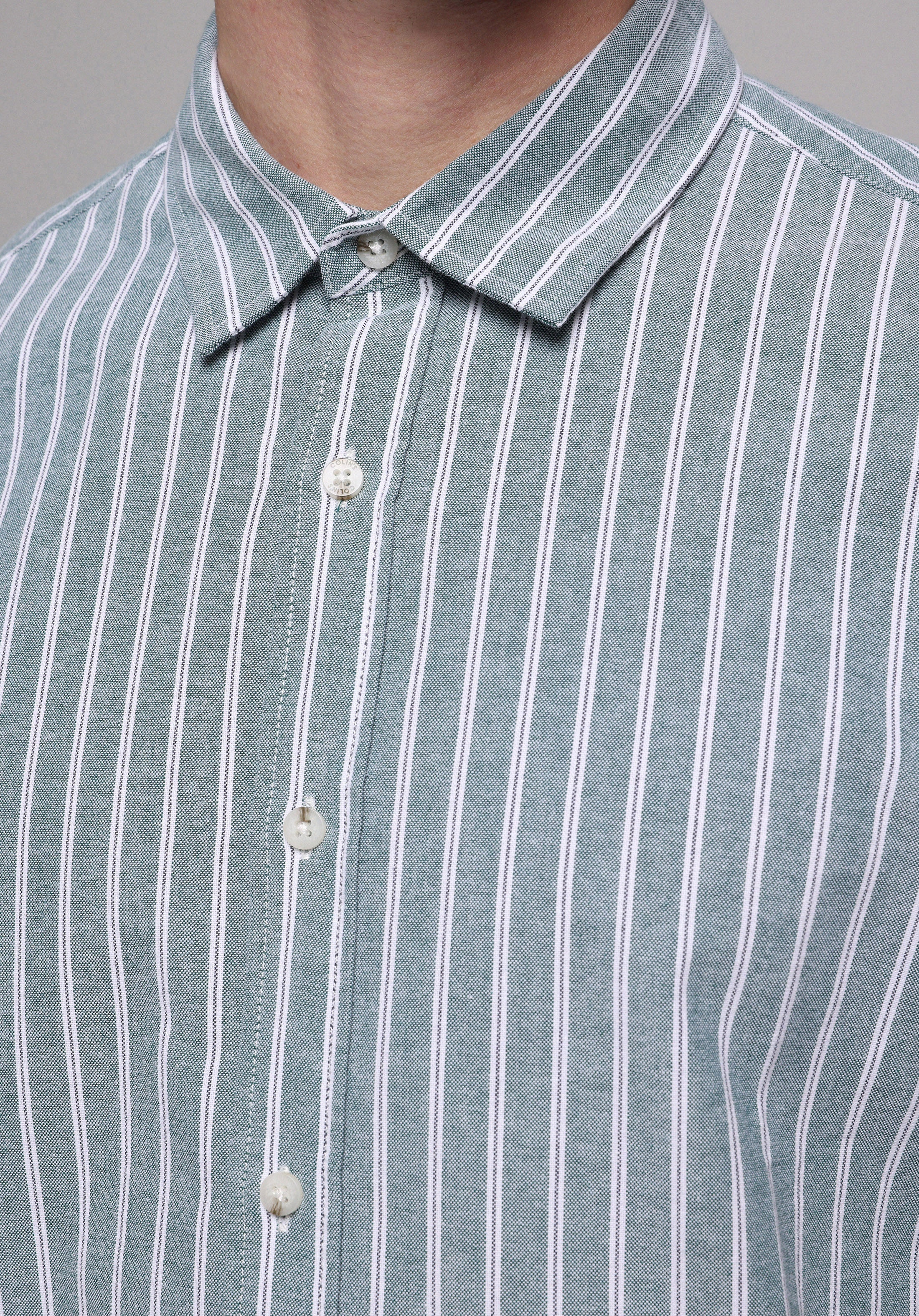 Regular Fit Shirt Neck Çizgili Erkek Yeşil Uzun Kol Gömlek