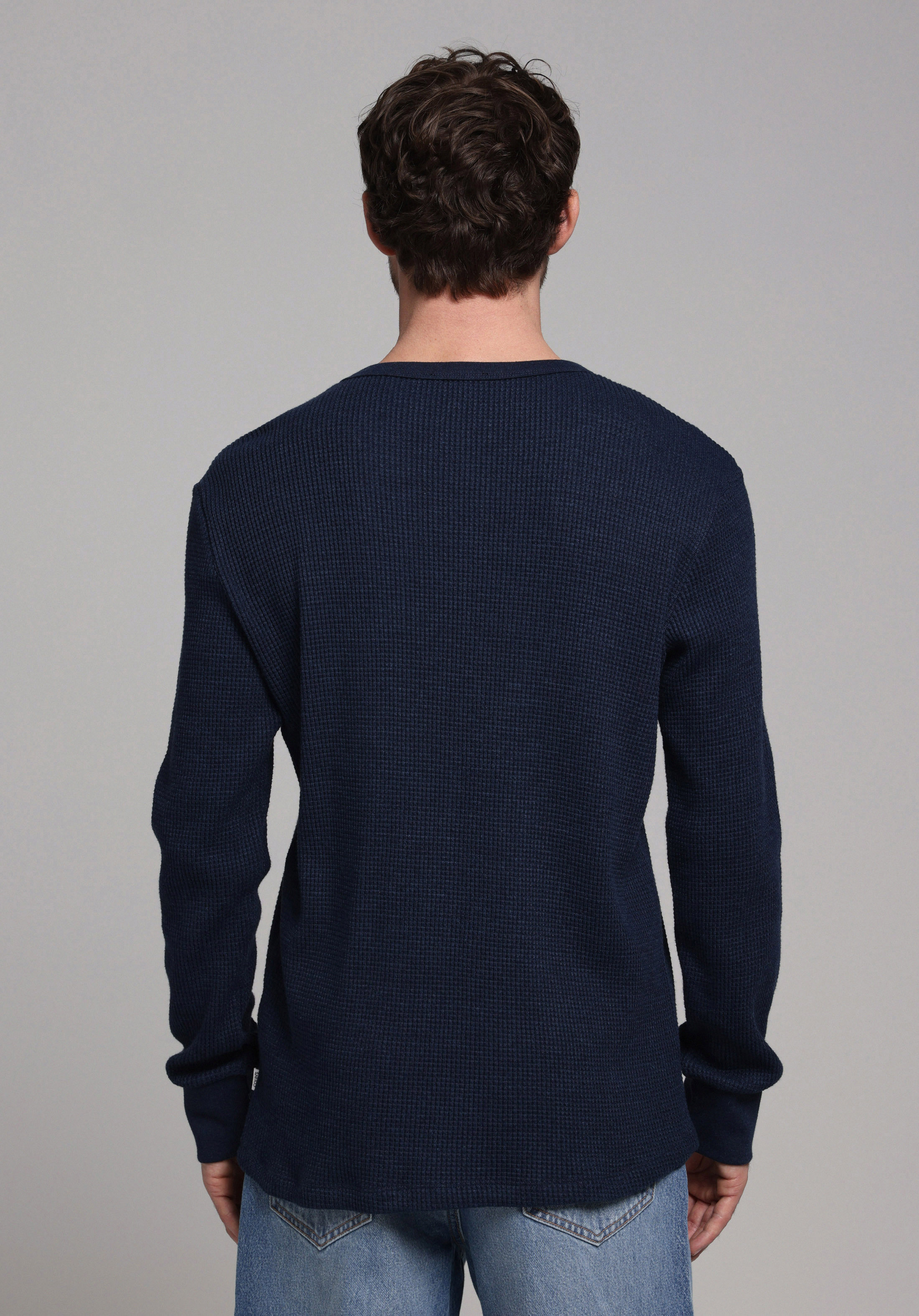 Regular Fit Yuvarlak Yaka Düz Erkek Mavi Uzun Kol Tişört