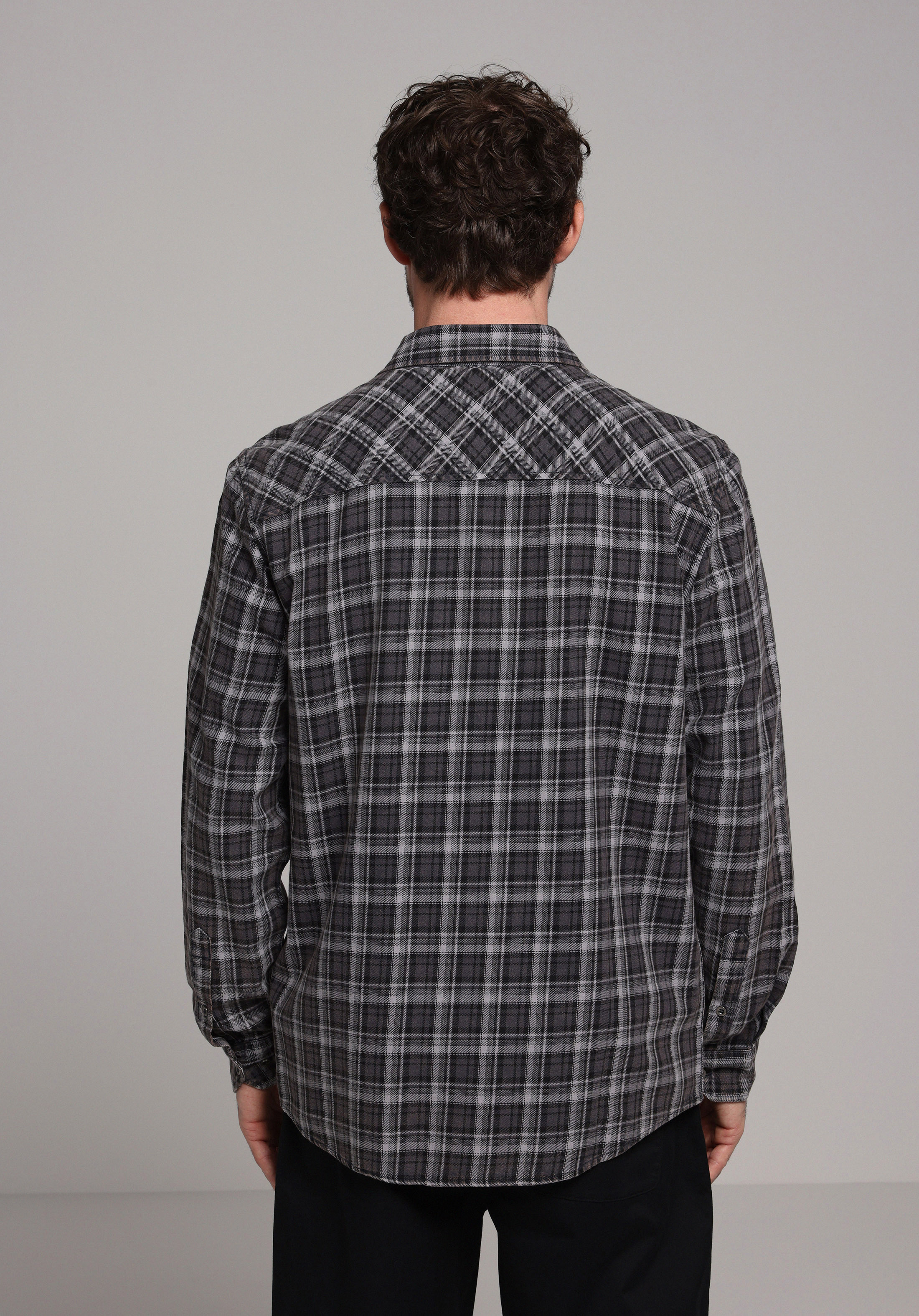 Regular Fit Shirt Neck Ekoseli Erkek Gri Uzun Kol Gömlek