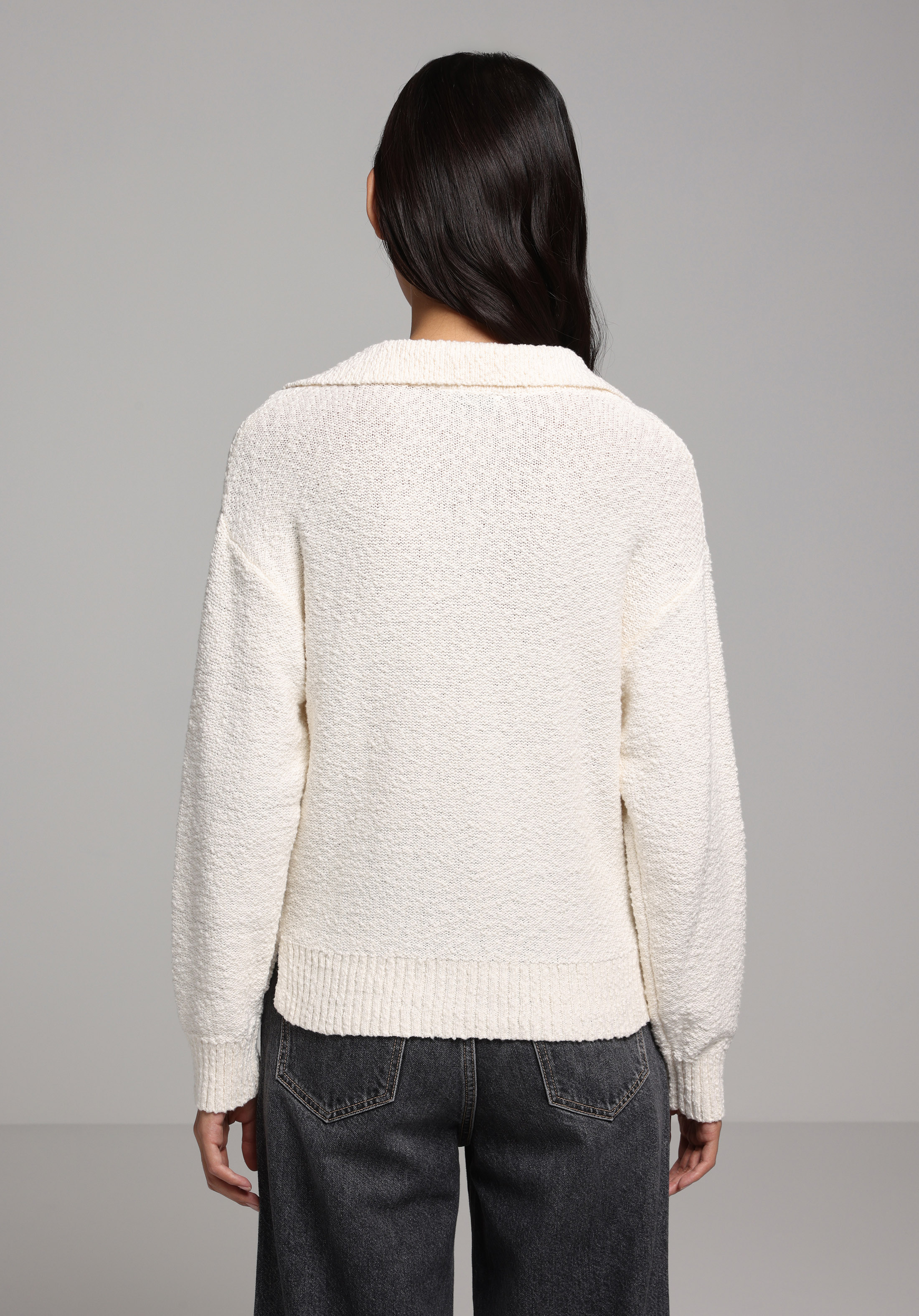 Regular Fit Polo Yaka Düz Kadın Beyaz Kazak