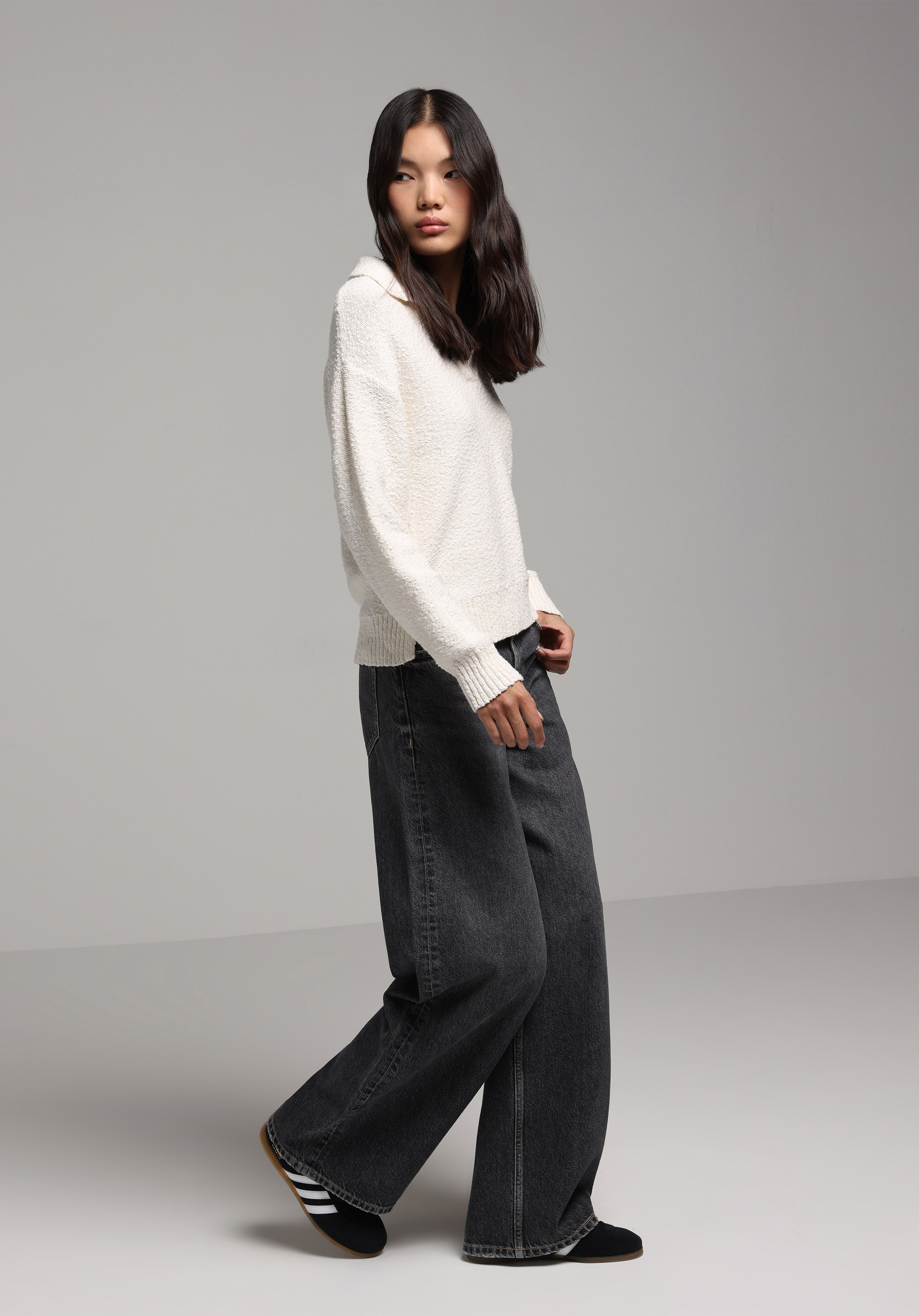 Regular Fit Polo Yaka Düz Kadın Beyaz Kazak