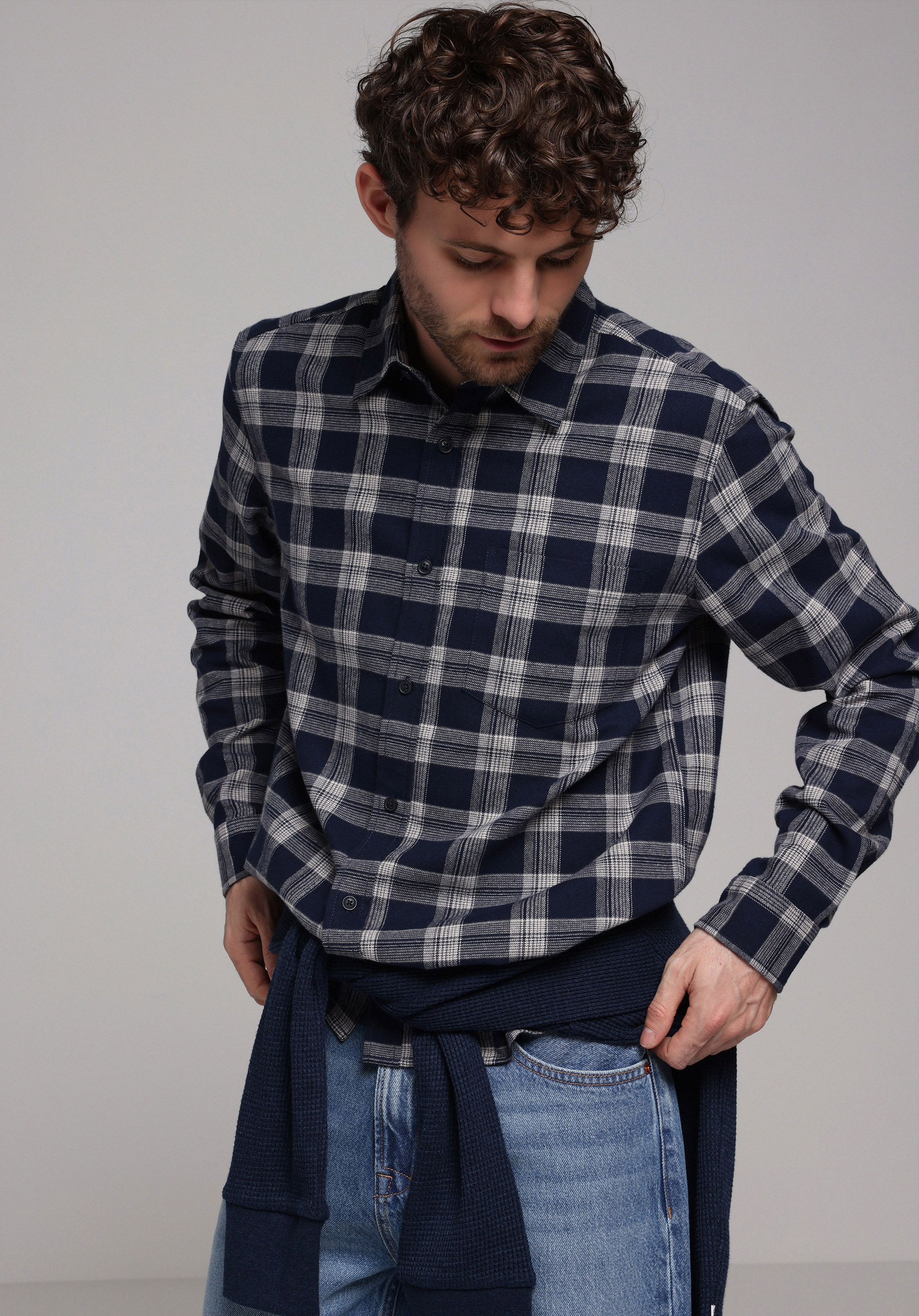 Regular Fit Shirt Neck Ekoseli Erkek Lacivert Uzun Kol Gömlek