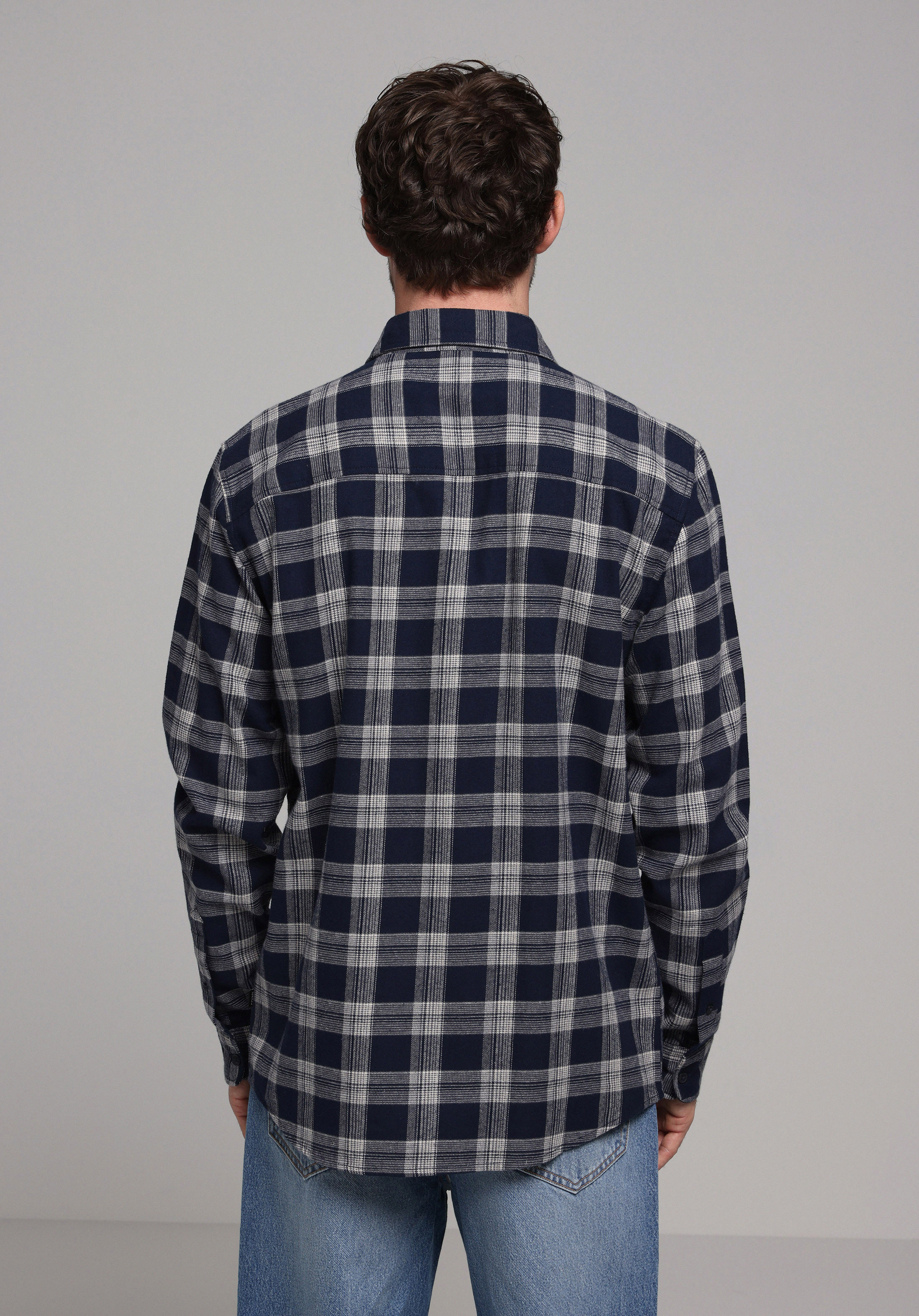 Regular Fit Shirt Neck Ekoseli Erkek Lacivert Uzun Kol Gömlek