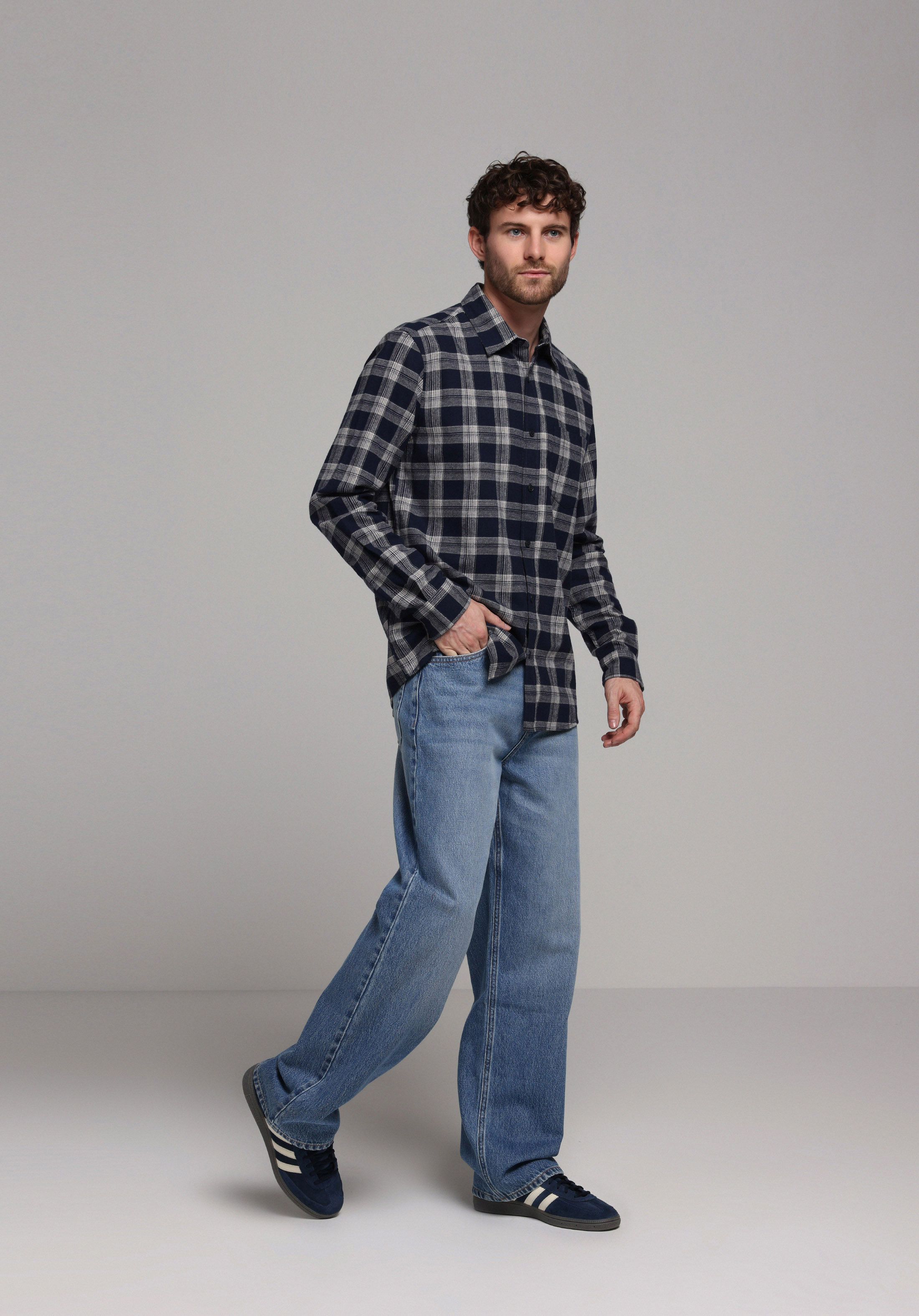 Regular Fit Shirt Neck Ekoseli Erkek Lacivert Uzun Kol Gömlek