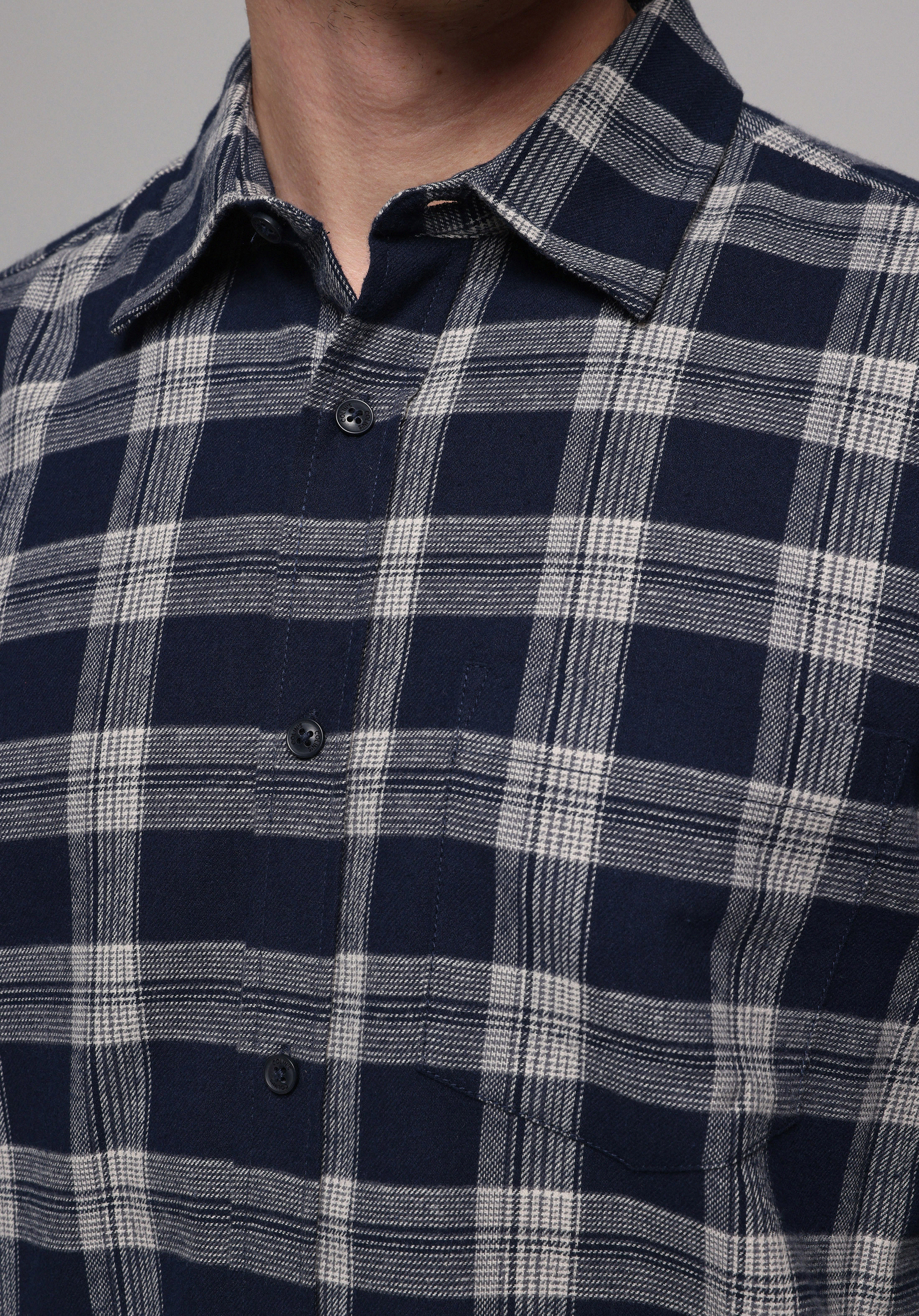 Regular Fit Shirt Neck Ekoseli Erkek Lacivert Uzun Kol Gömlek