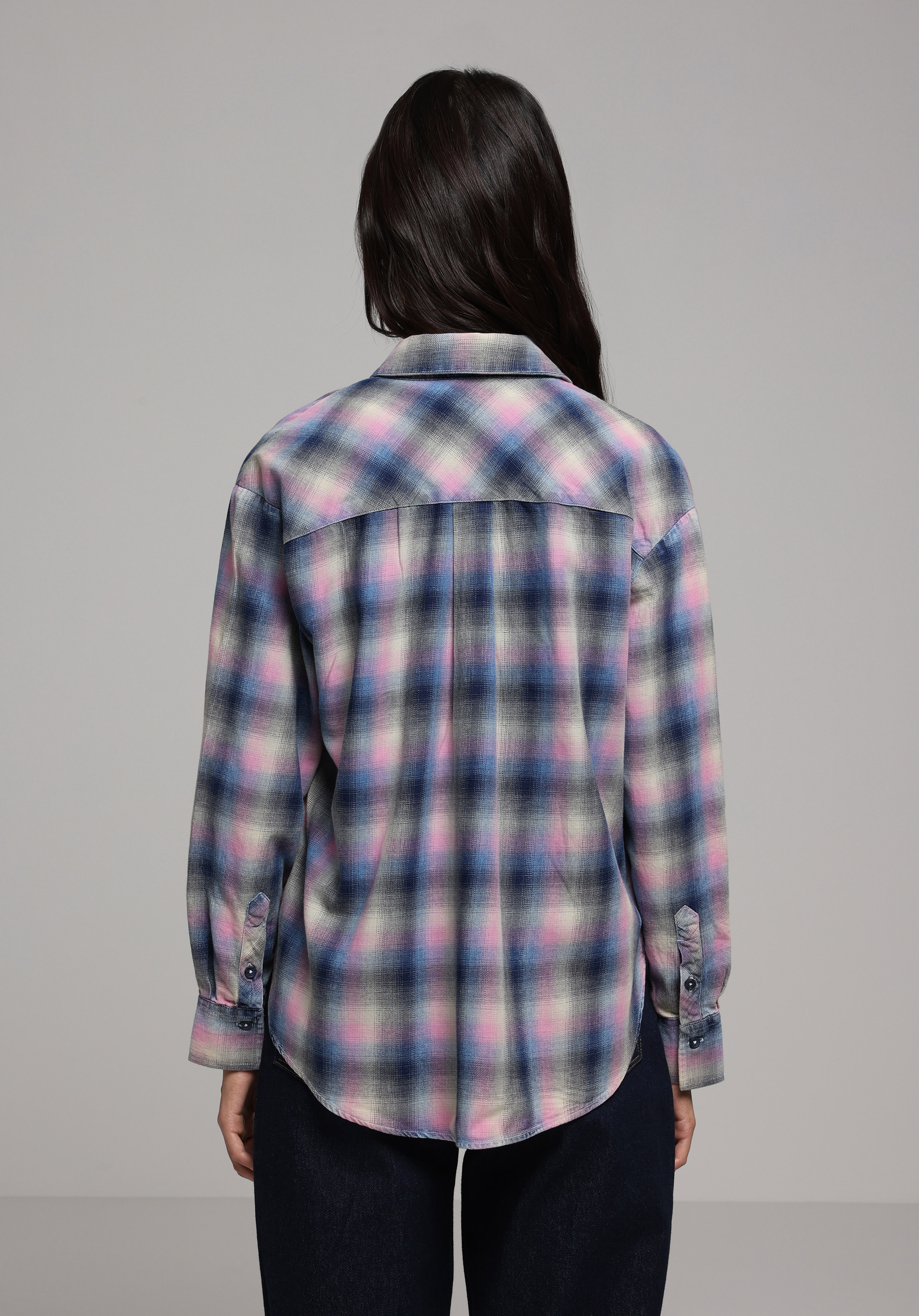 Boyfriend Fit Shirt Neck Ekoseli Kadın Mavi Uzun Kol Gömlek