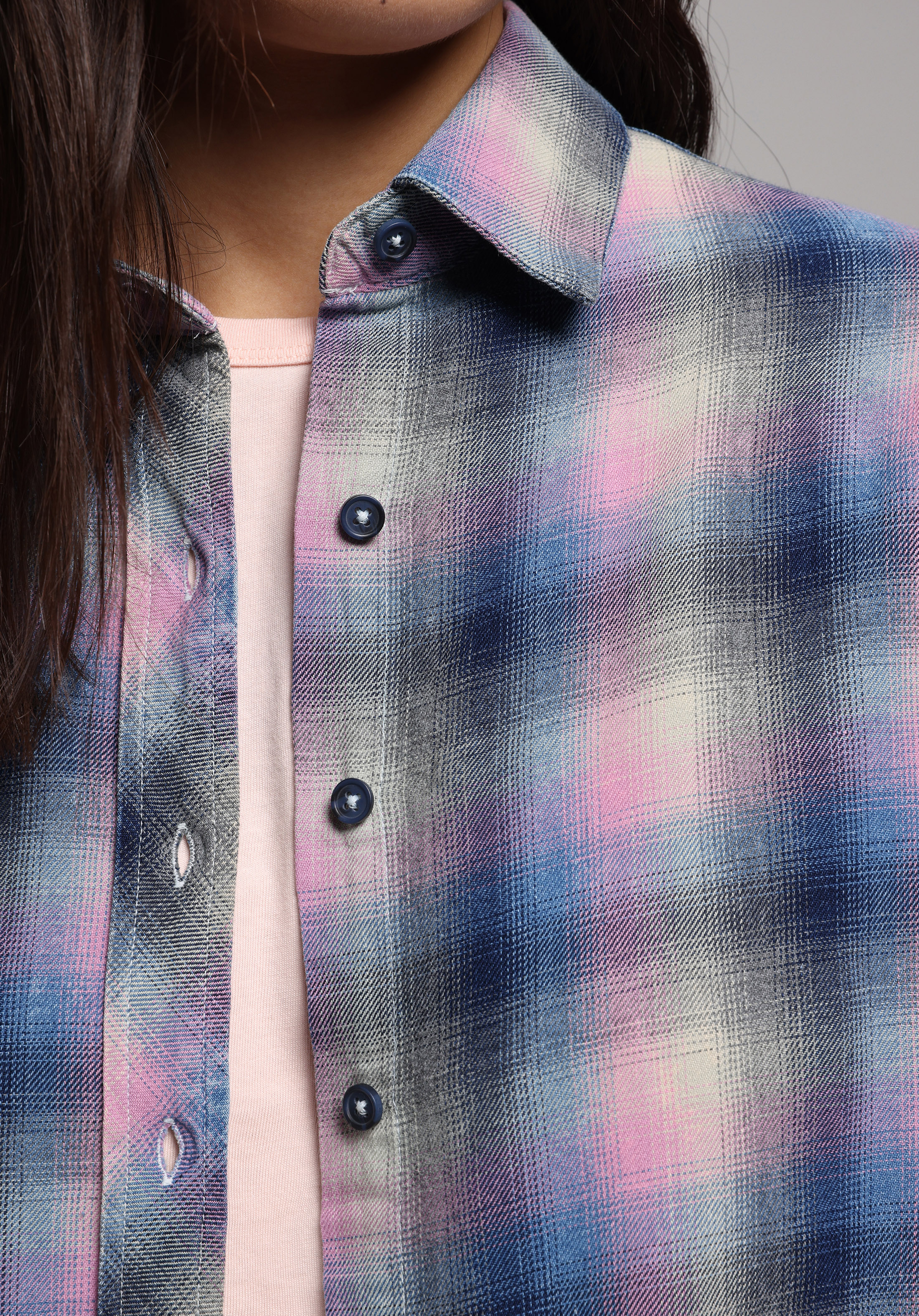 Boyfriend Fit Shirt Neck Ekoseli Kadın Mavi Uzun Kol Gömlek