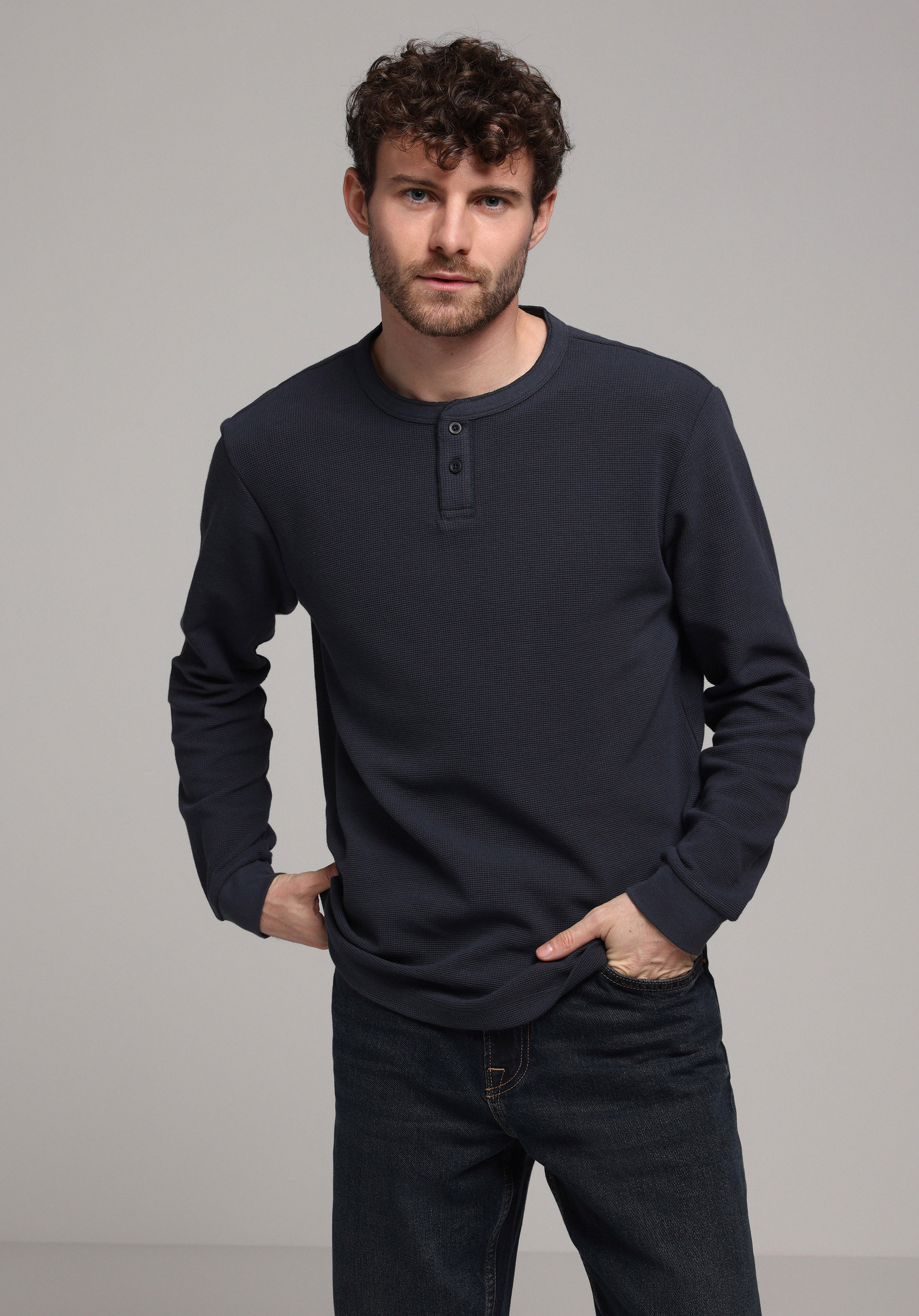 Regular Fit Düğmeli Yaka Düz Erkek Antrasit Uzun Kol Tişört