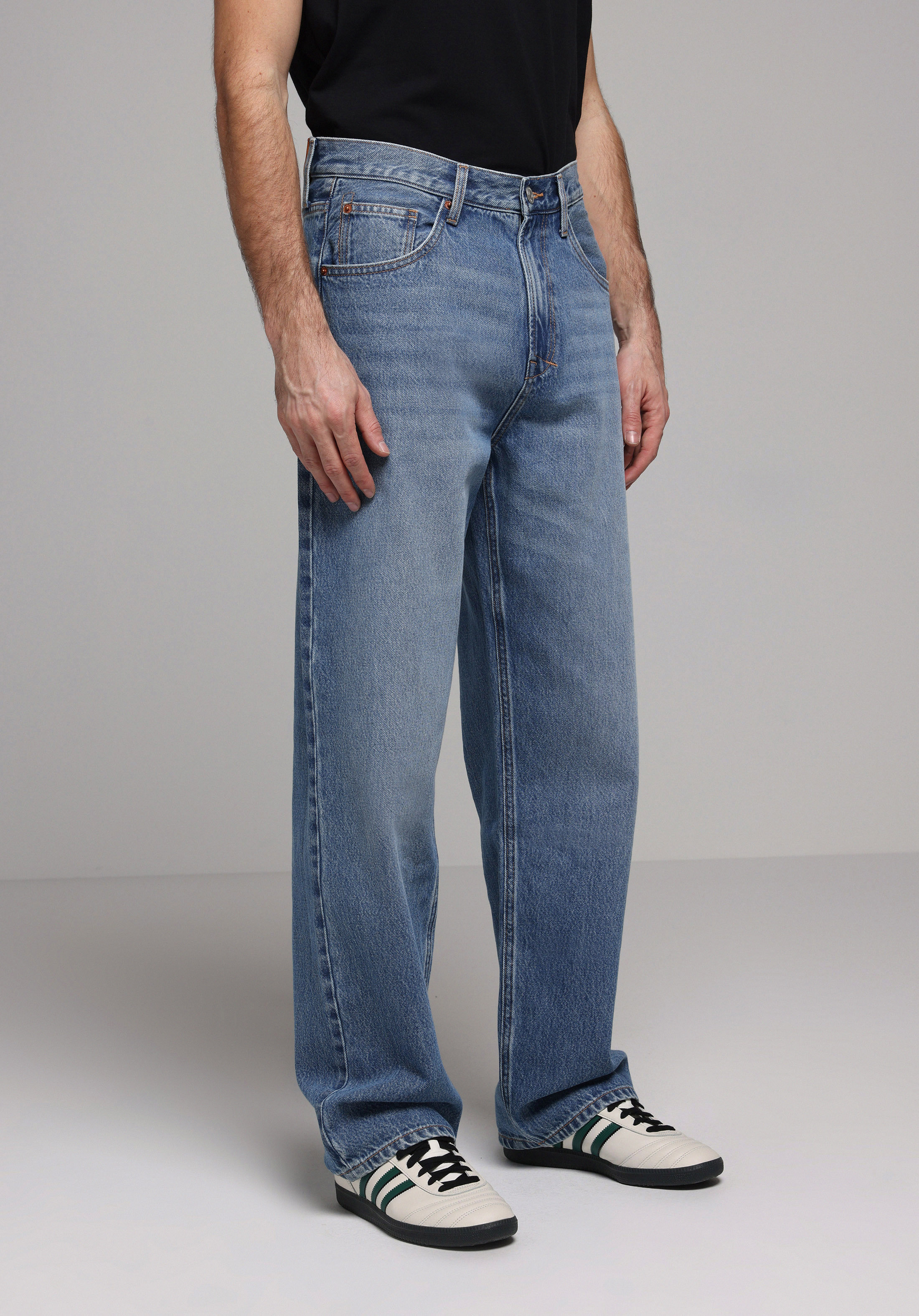 Relaxed Fit Orta Bel Bol Paça Erkek Mid İndigo Denim Jean Pantolon