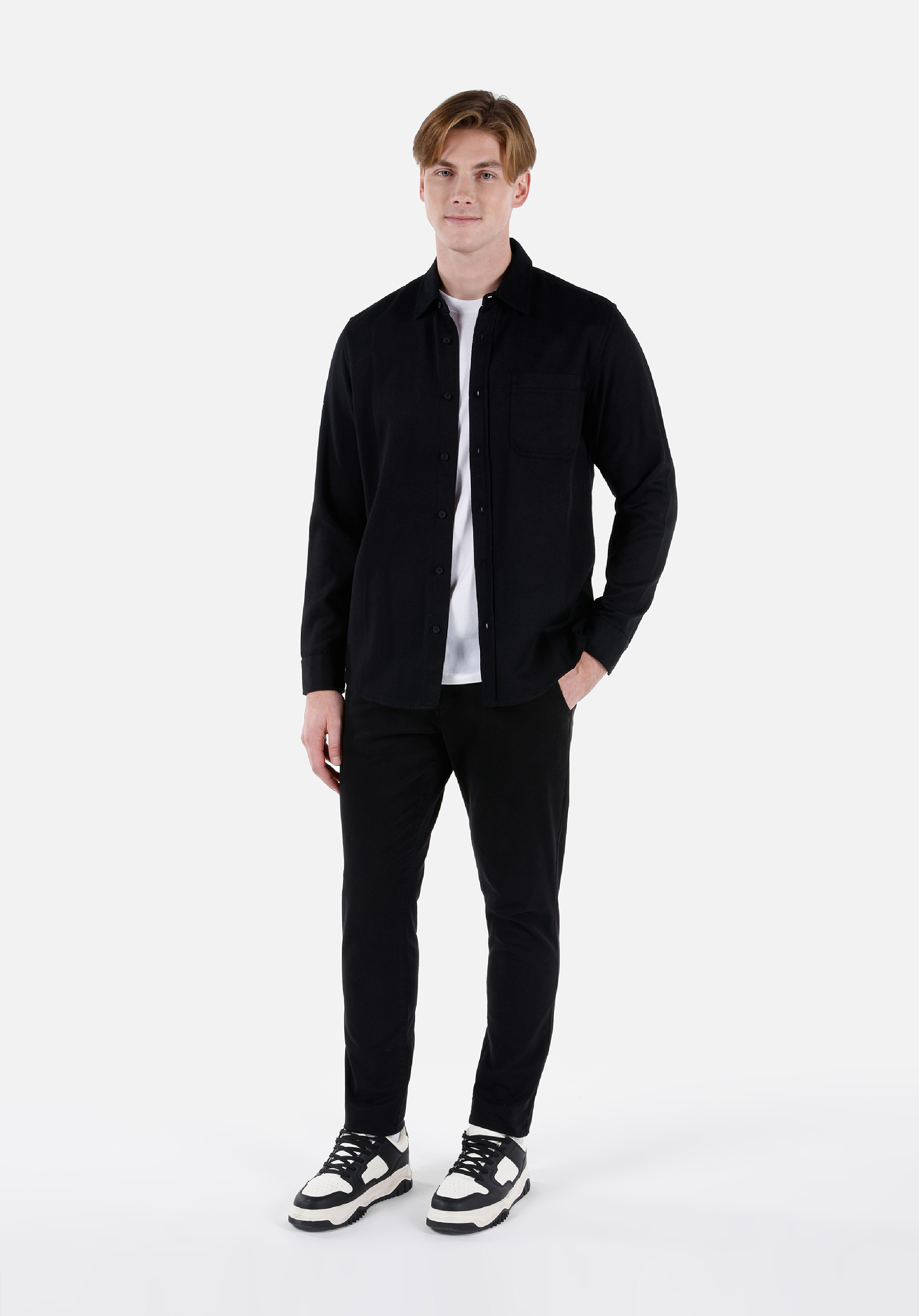 Regular Fit Shirt Neck Düz Erkek Siyah Uzun Kol Gömlek