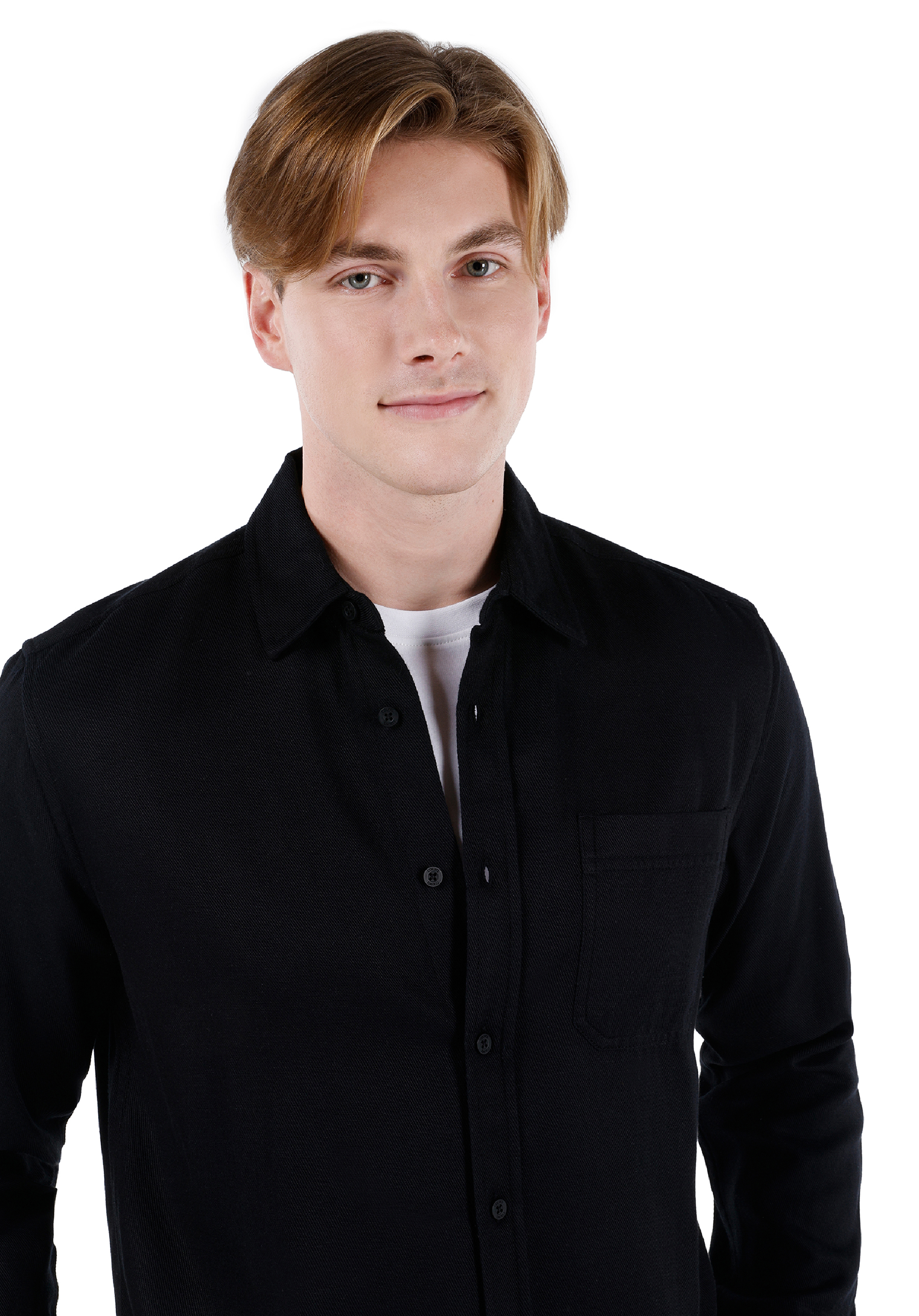 Regular Fit Shirt Neck Düz Erkek Siyah Uzun Kol Gömlek