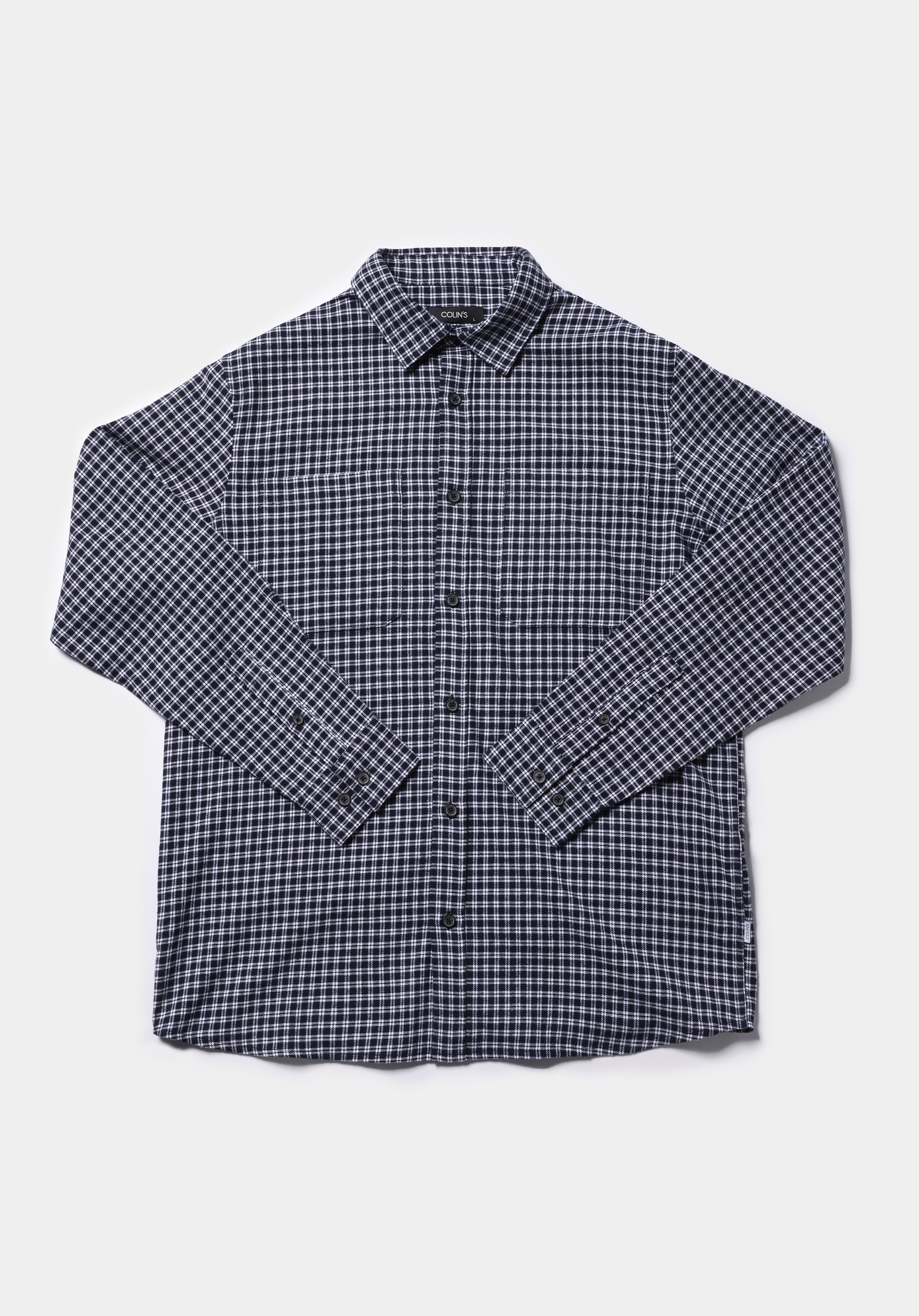 Comfort Fit Shirt Neck Ekoseli Erkek Lacivert Uzun Kol Gömlek