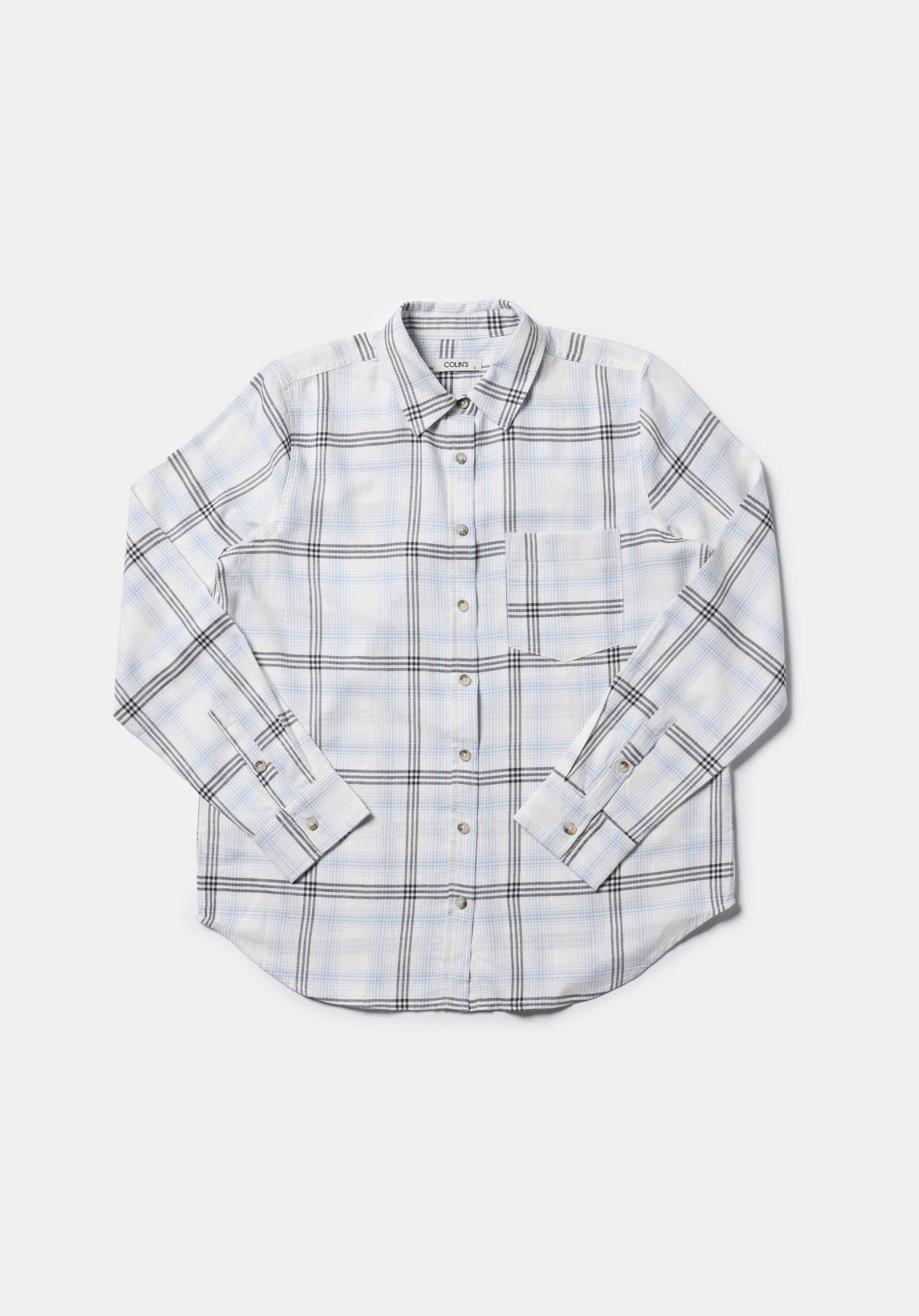 Regular Fit Shirt Neck Ekoseli Kadın Beyaz Uzun Kol Gömlek